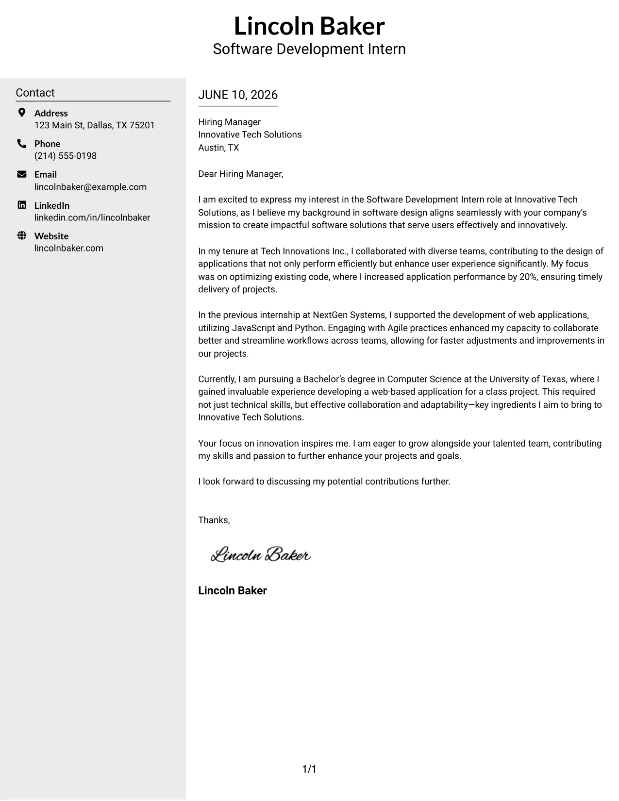 Resume Example Page 1