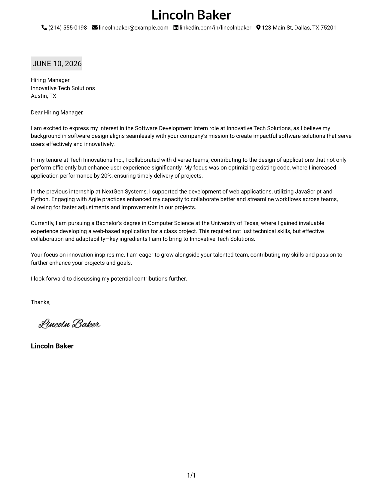 Resume Example Page 1