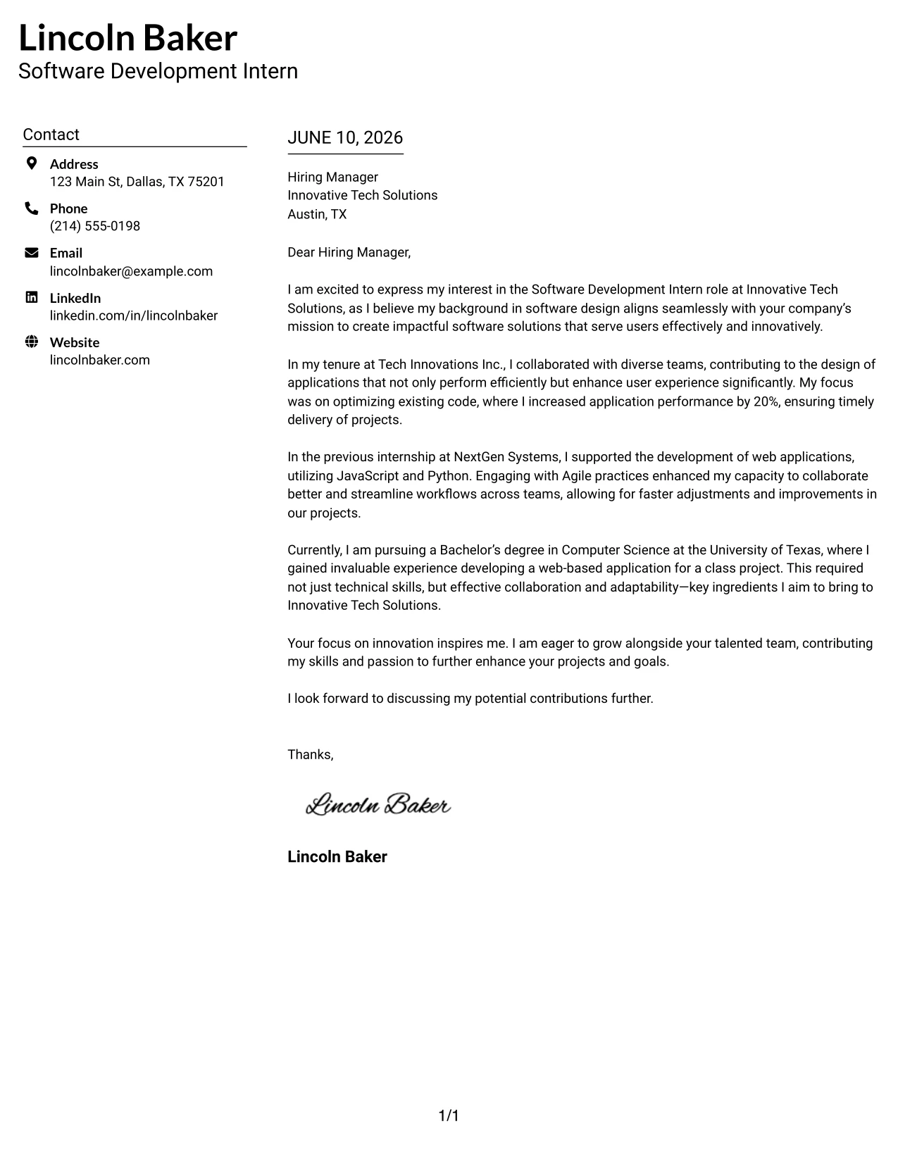 Resume Example Page 1
