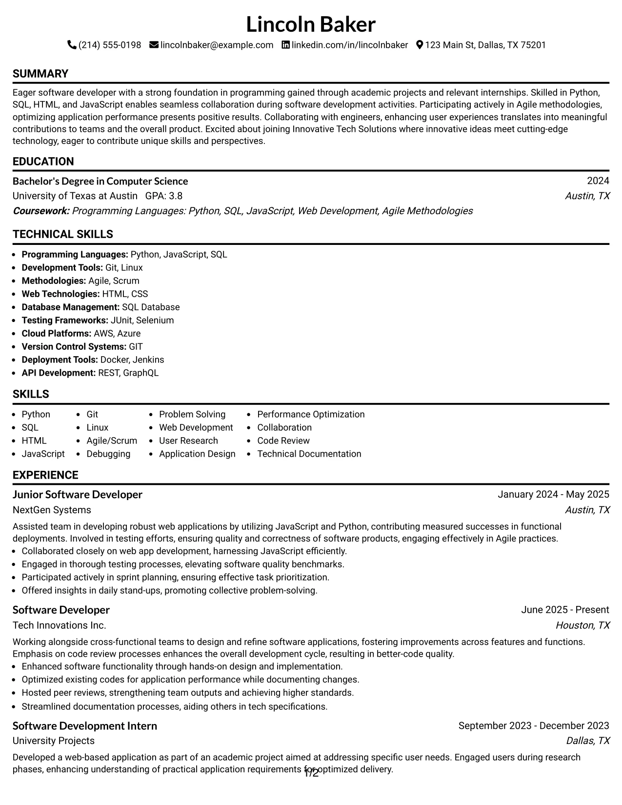 Resume Example Page 1