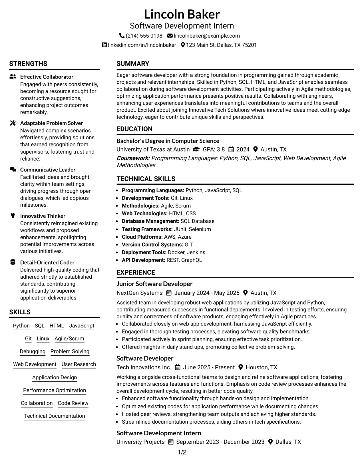 Resume Example Page 1