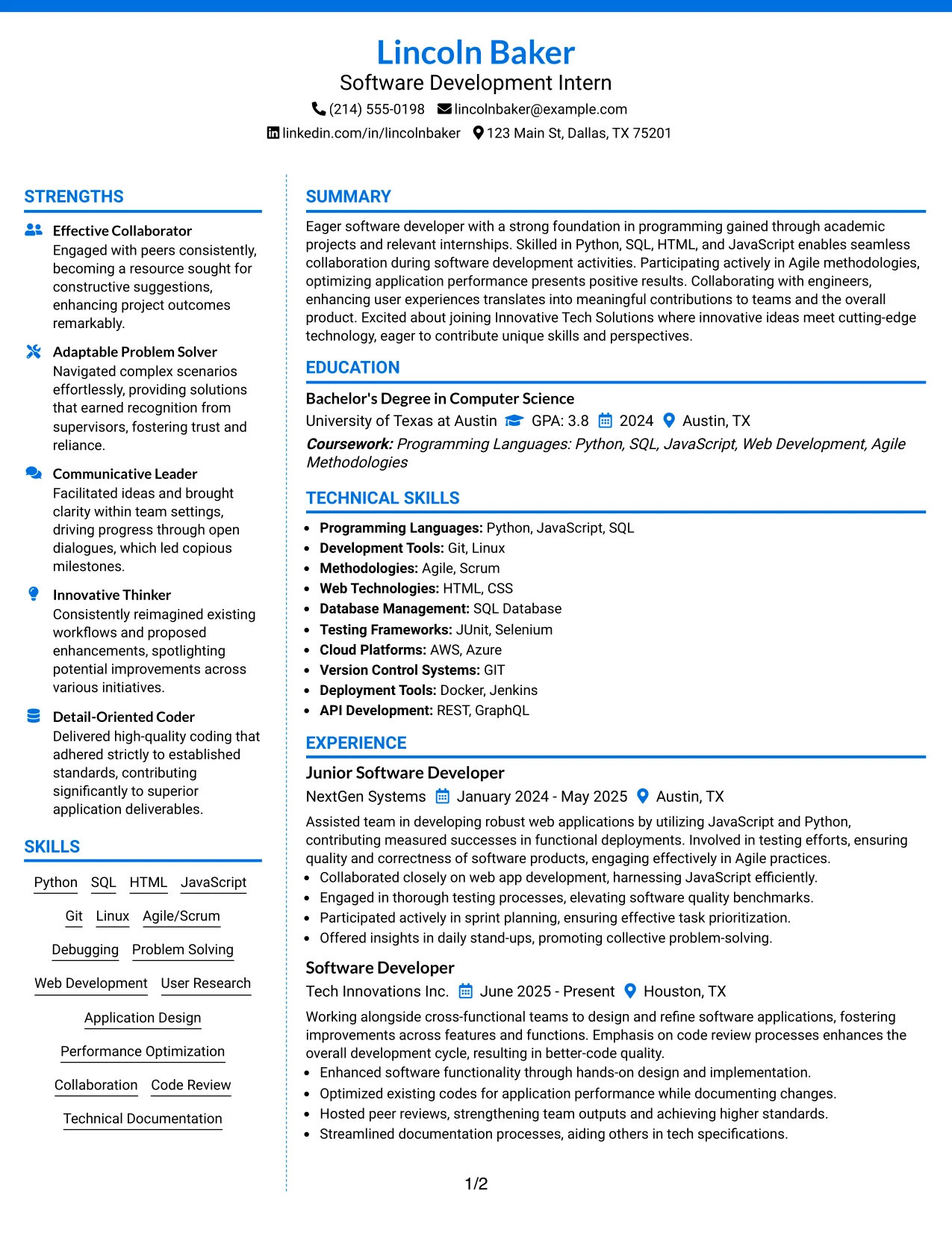 Resume Example Page 1
