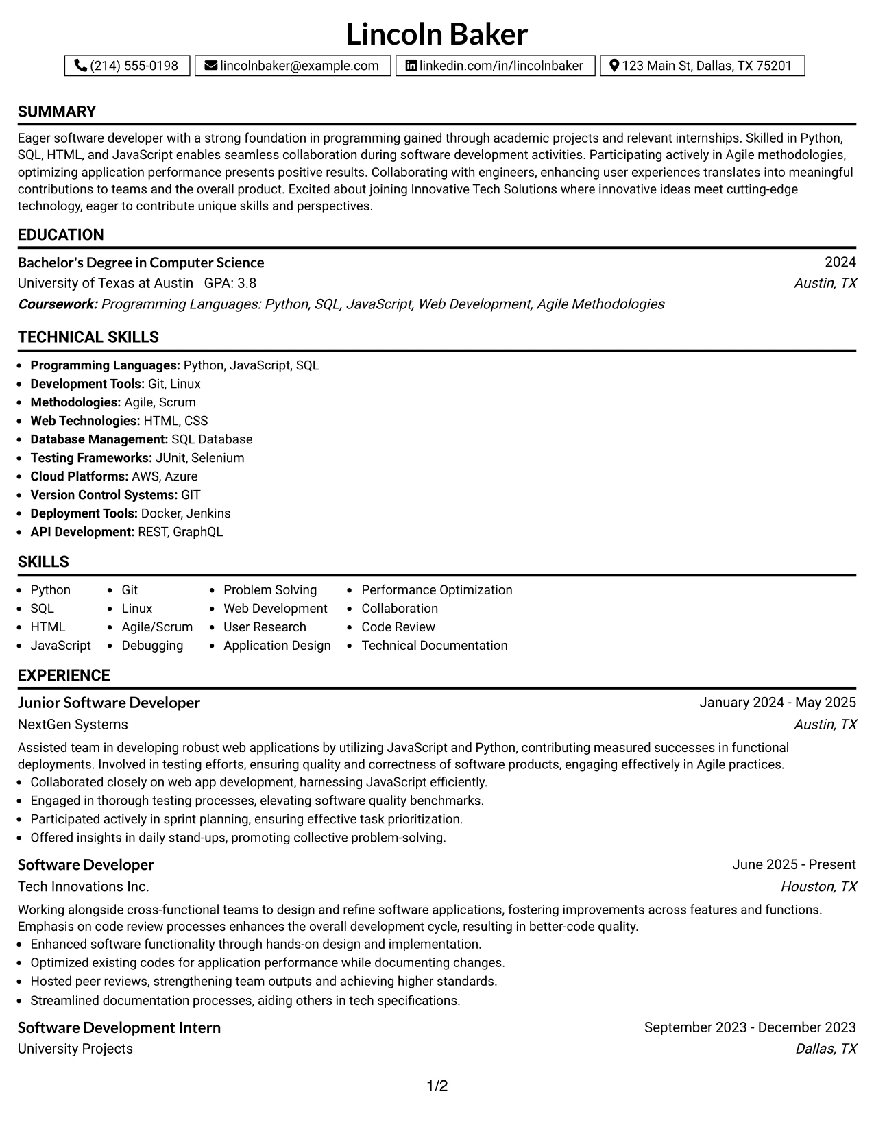 Resume Example Page 1