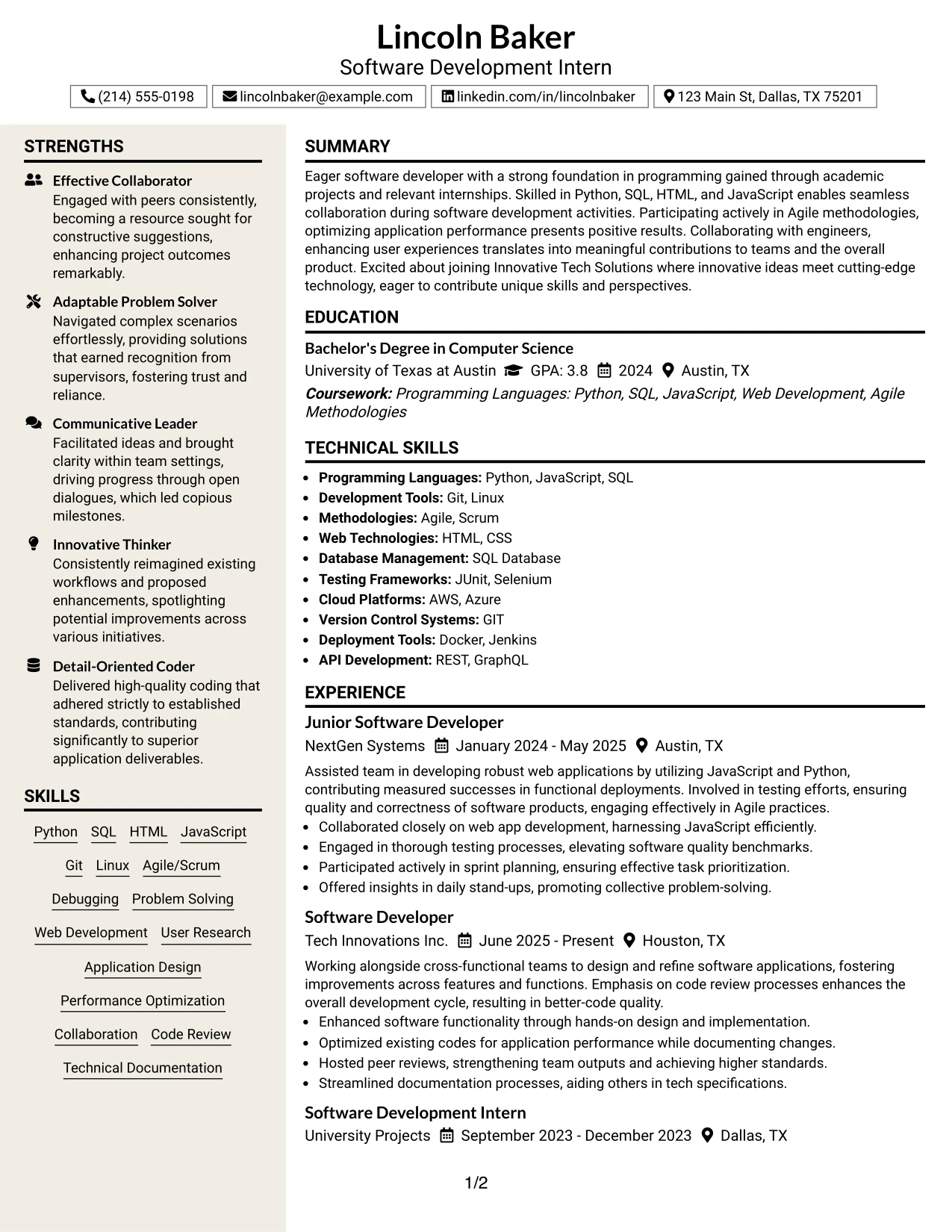 Resume Example Page 1