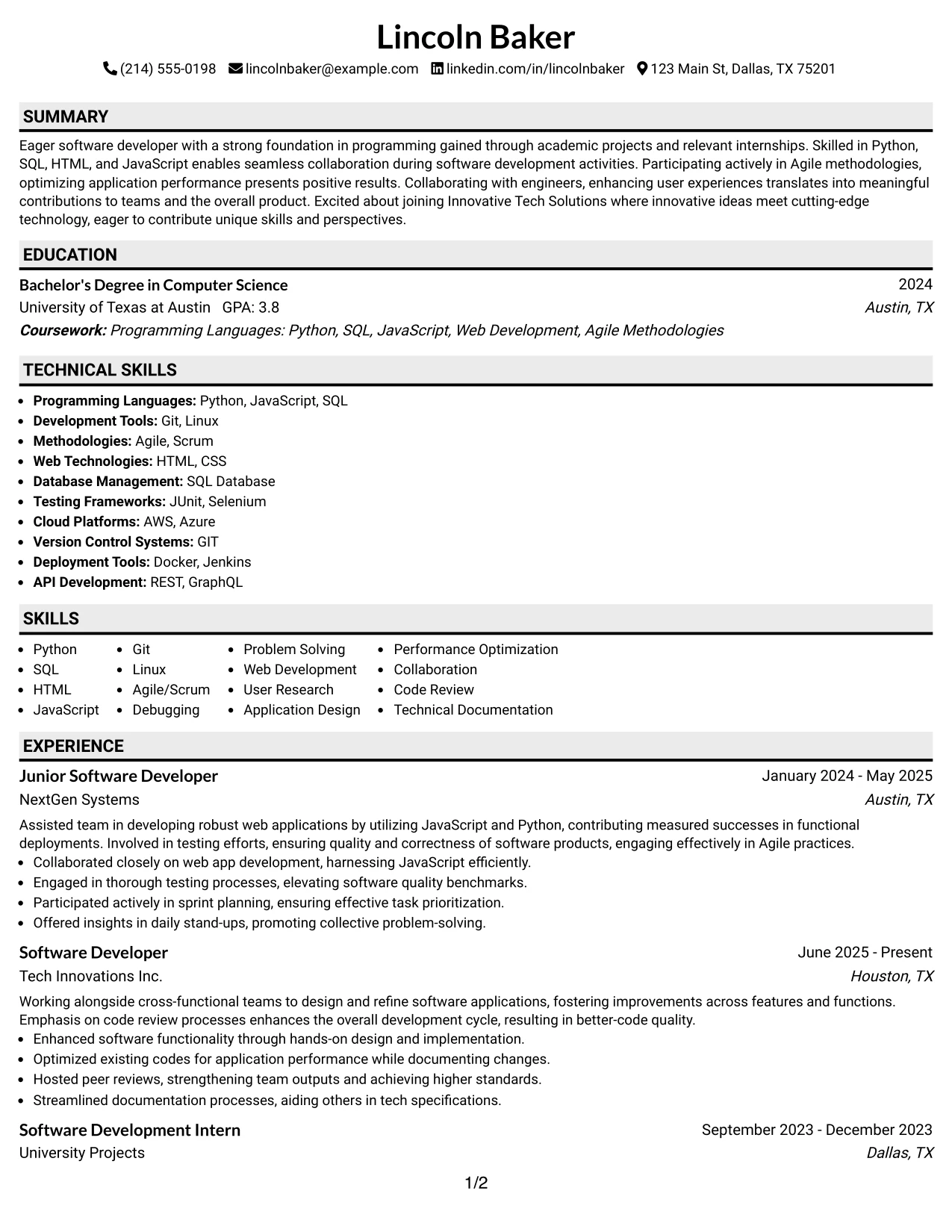 Resume Example Page 1