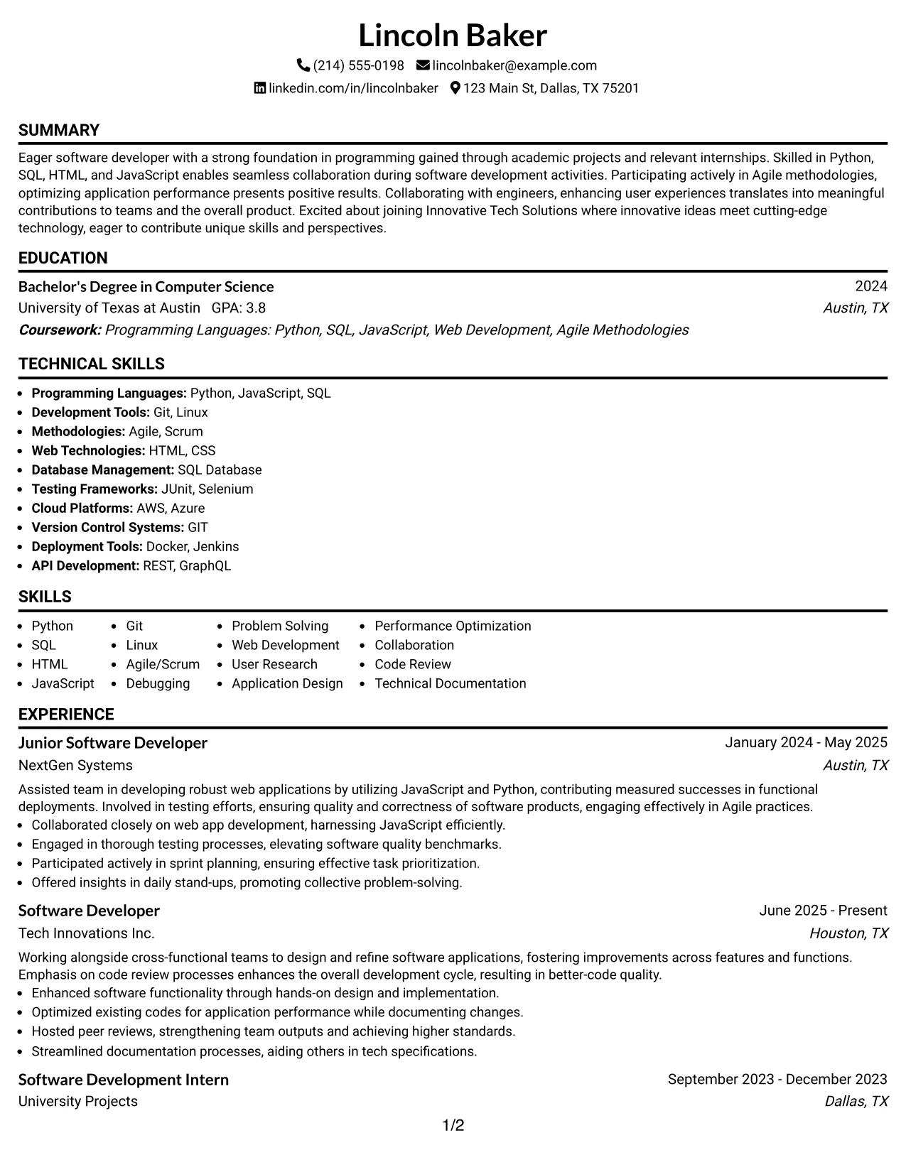 Resume Example Page 1