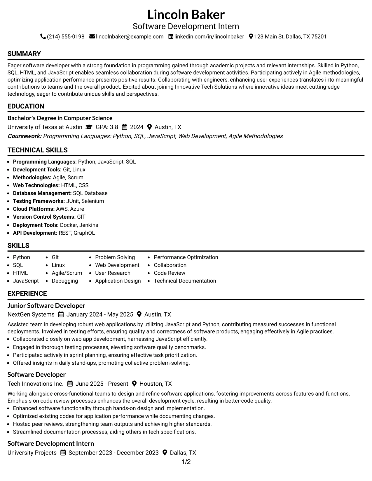Resume Example Page 1