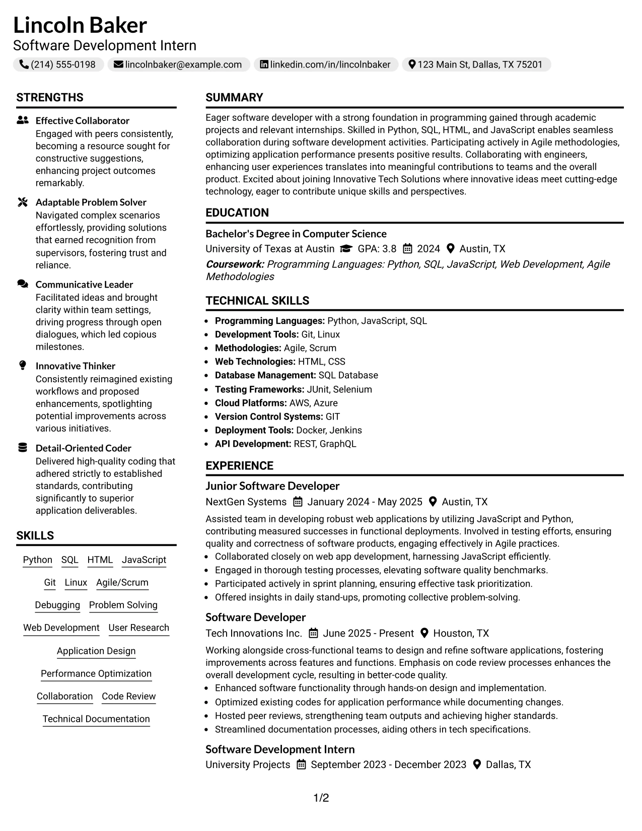 Resume Example Page 1