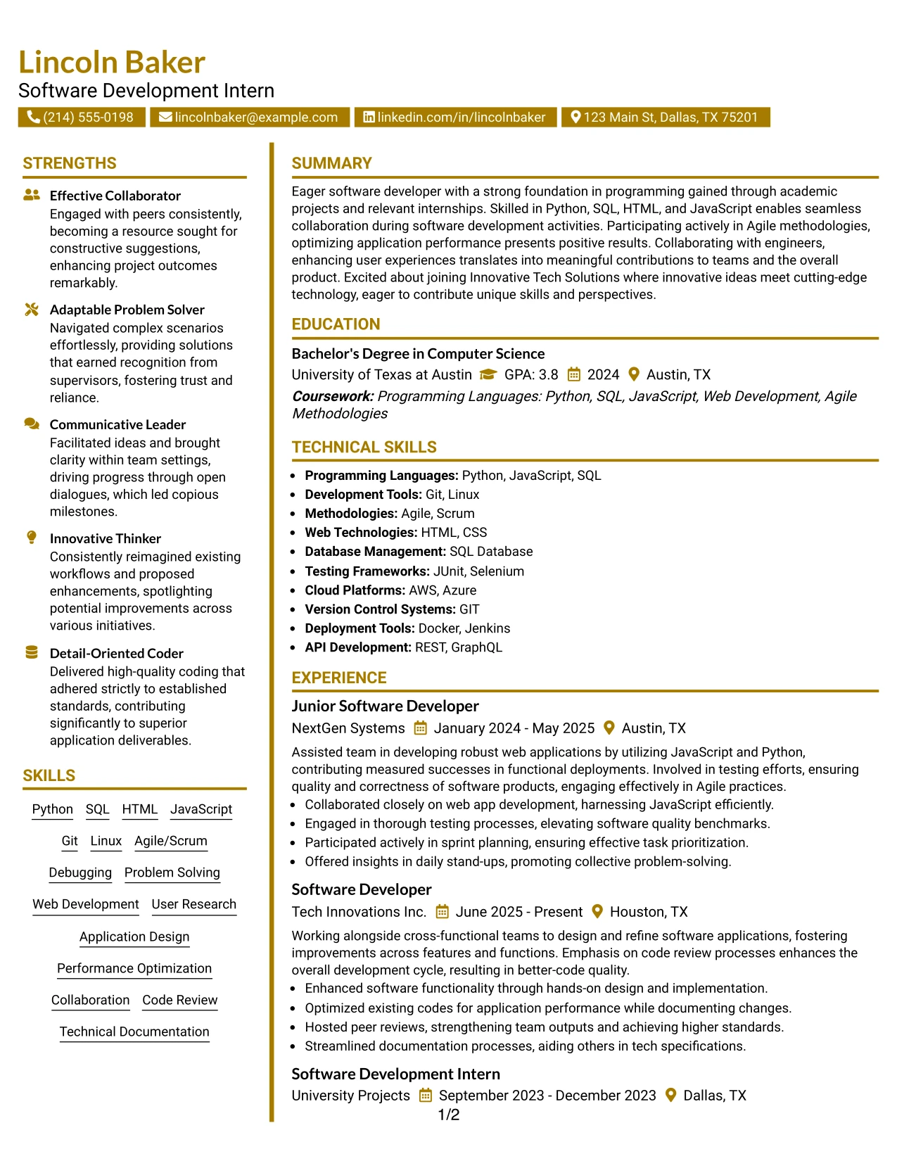 Resume Example Page 1