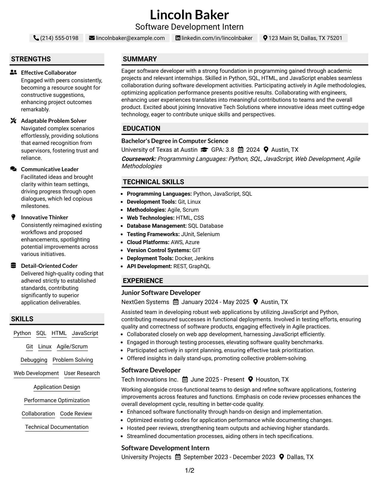 Resume Example Page 1