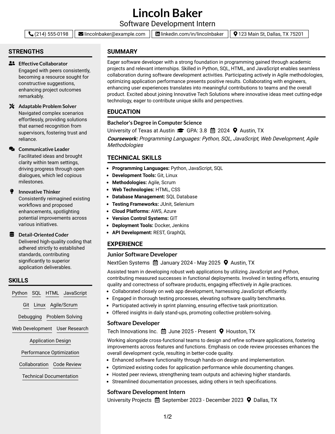 Resume Example Page 1