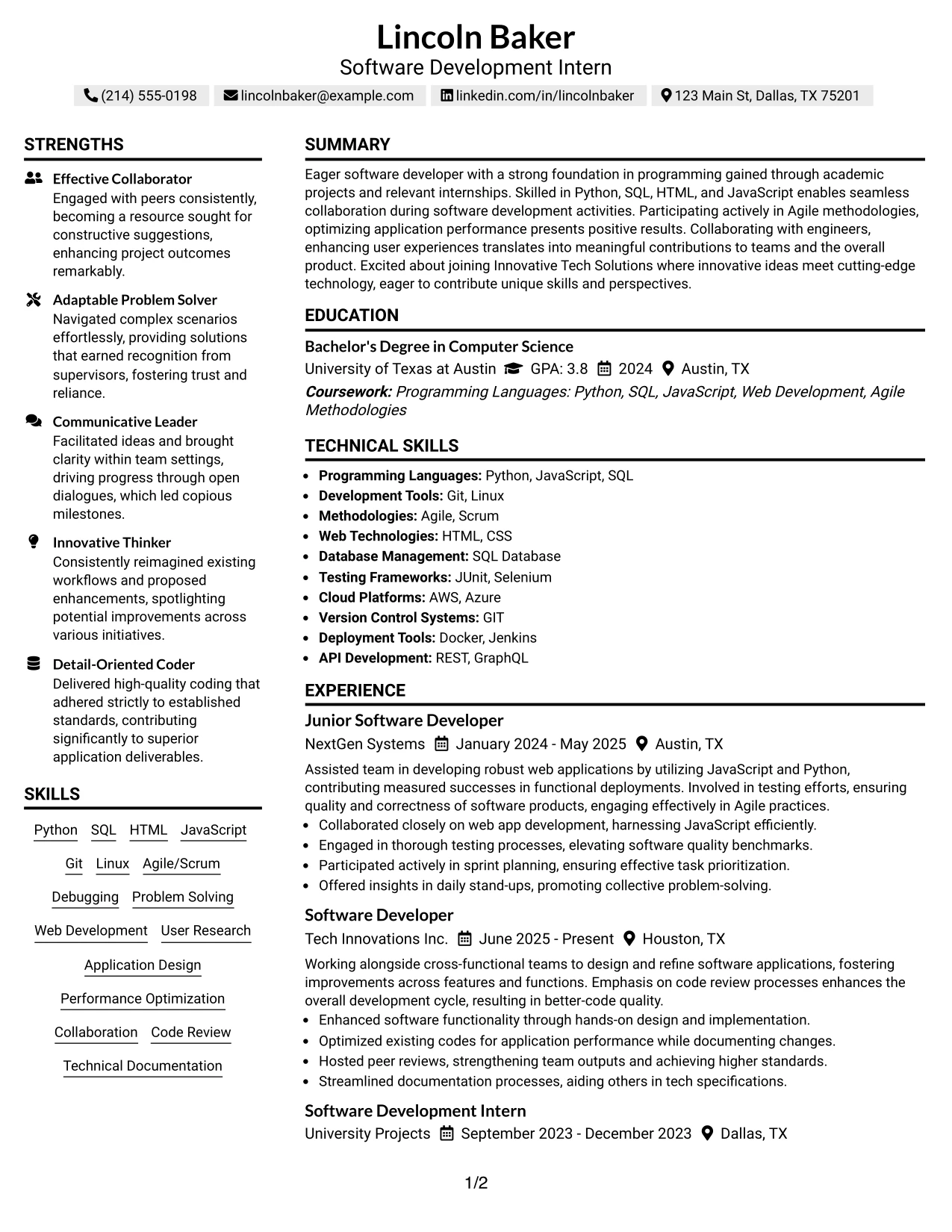 Resume Example Page 1