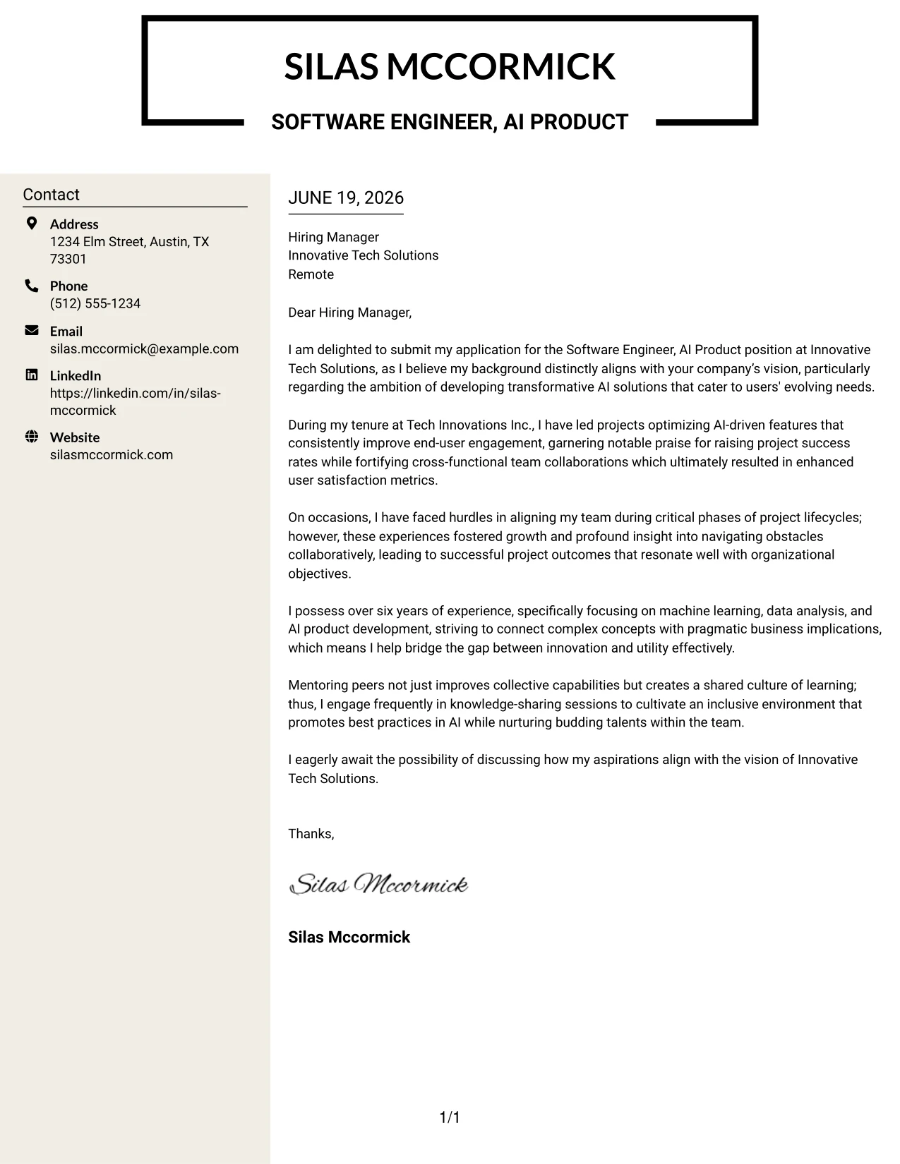 Resume Example Page 1