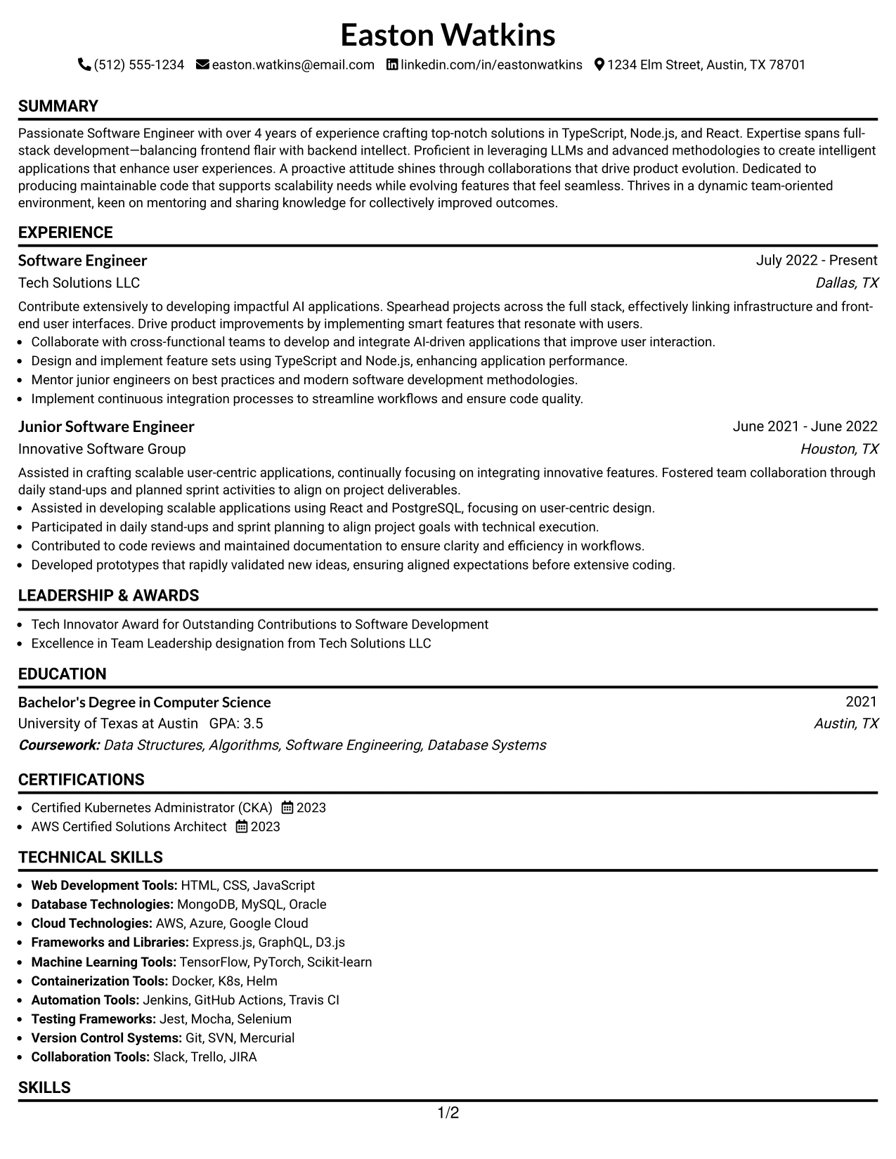 Resume Example Page 1