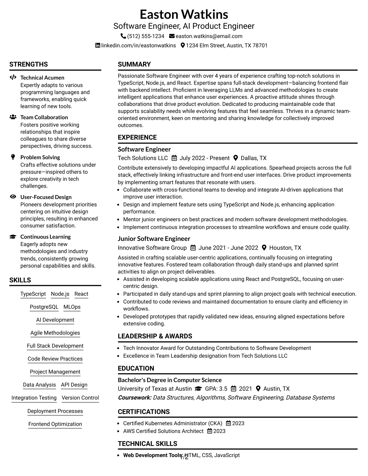 Resume Example Page 1