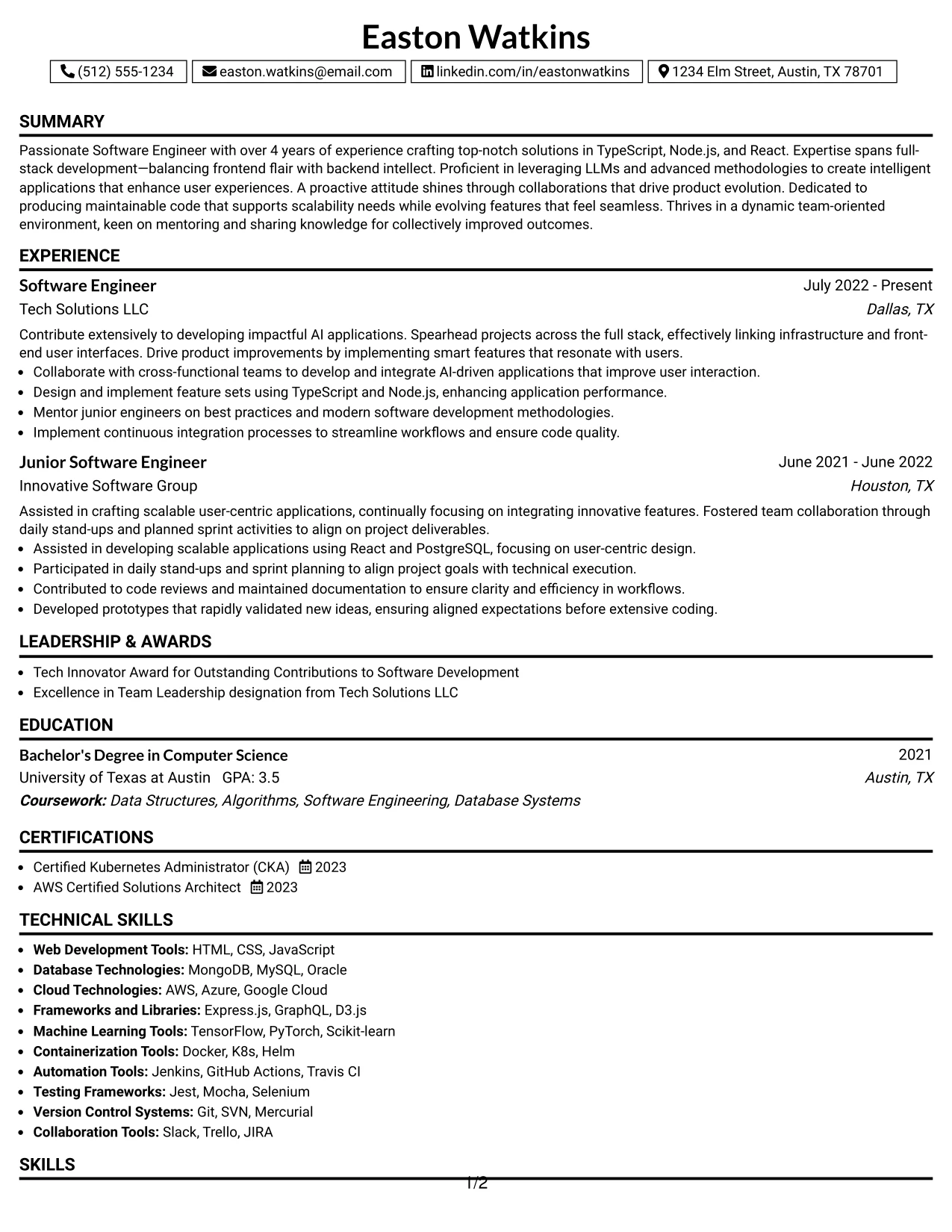 Resume Example Page 1