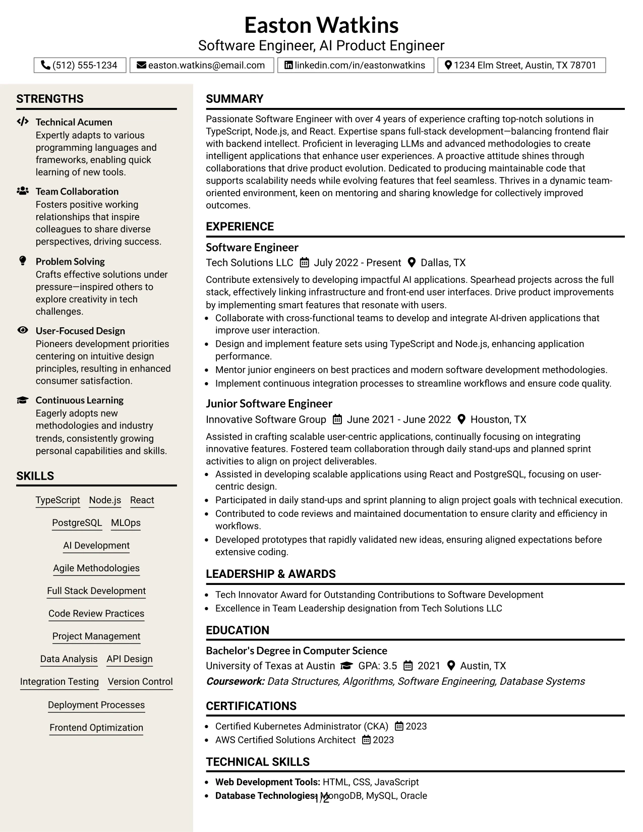 Resume Example Page 1