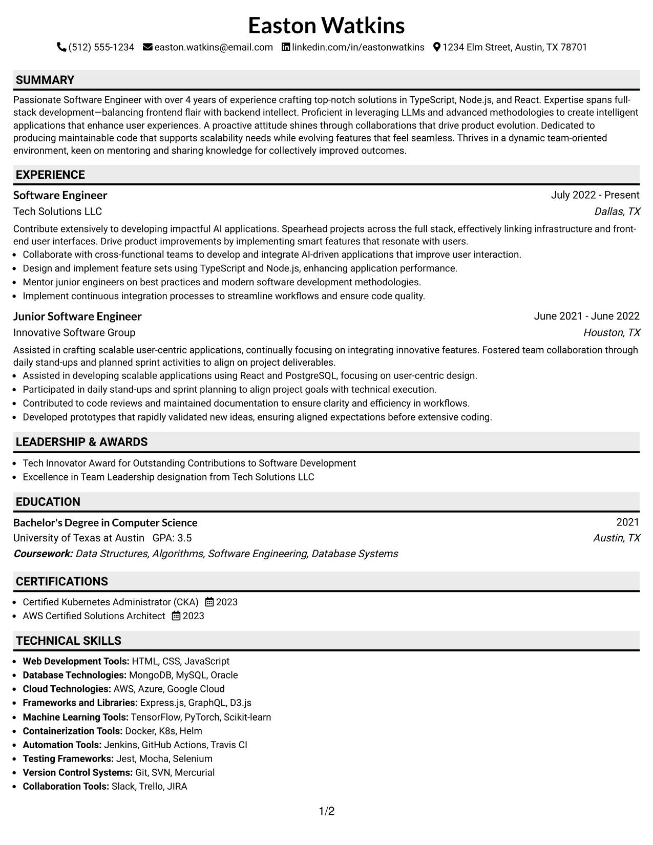 Resume Example Page 1
