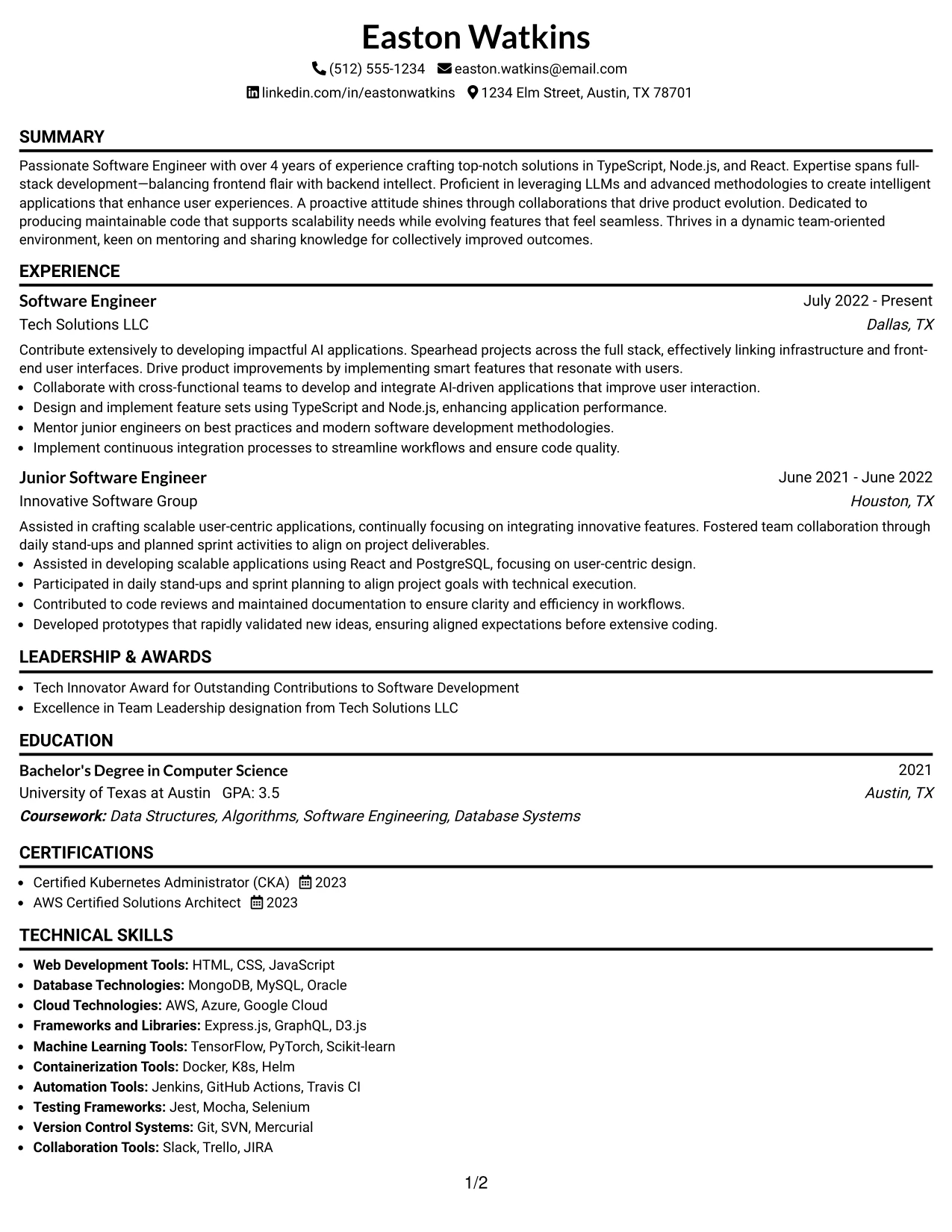 Resume Example Page 1