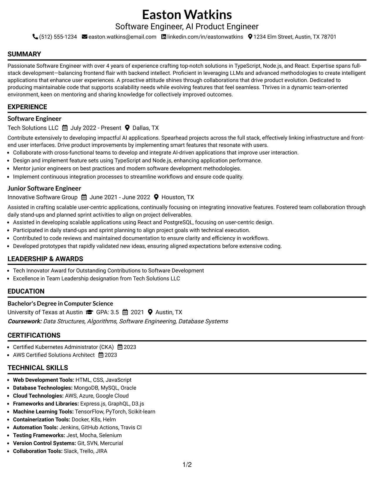 Resume Example Page 1