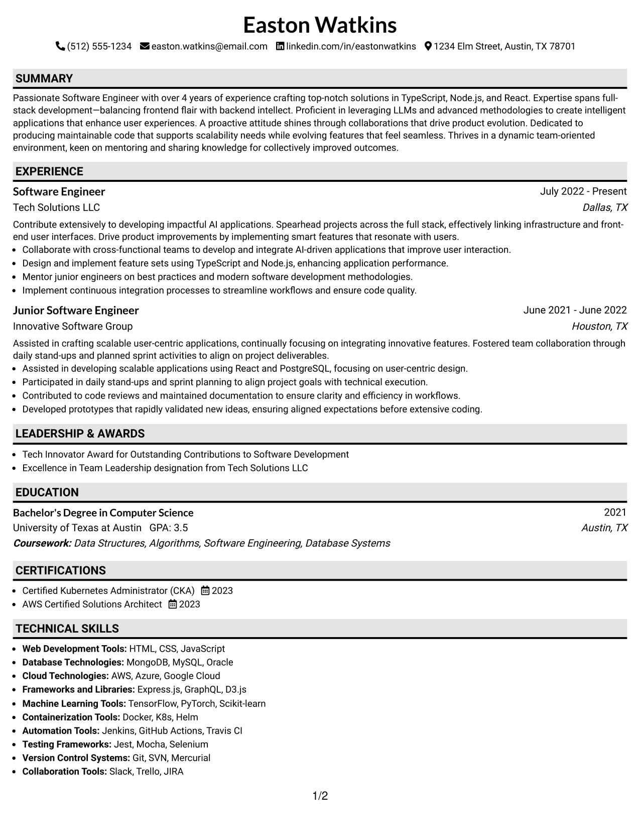 Resume Example Page 1