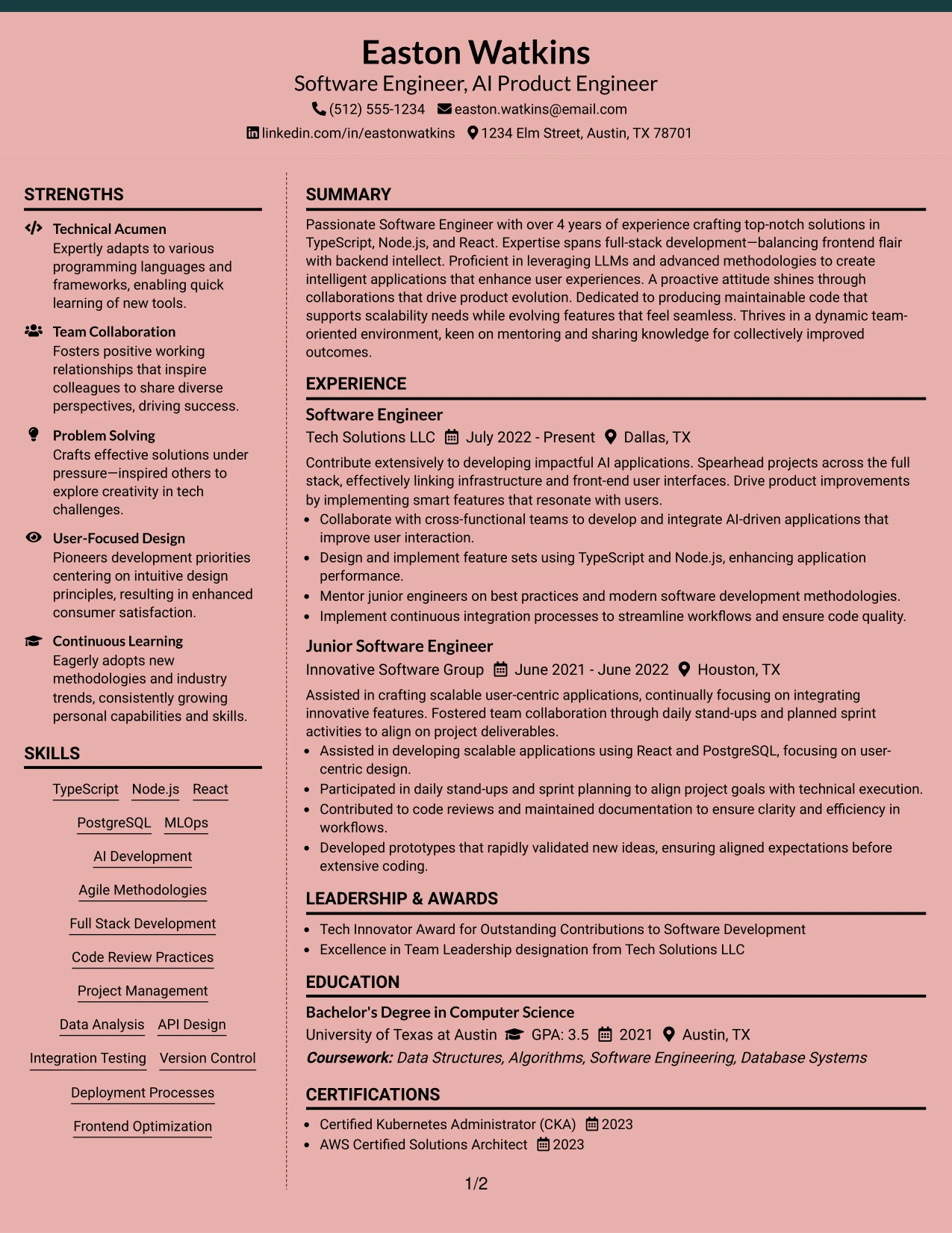 Resume Example Page 1