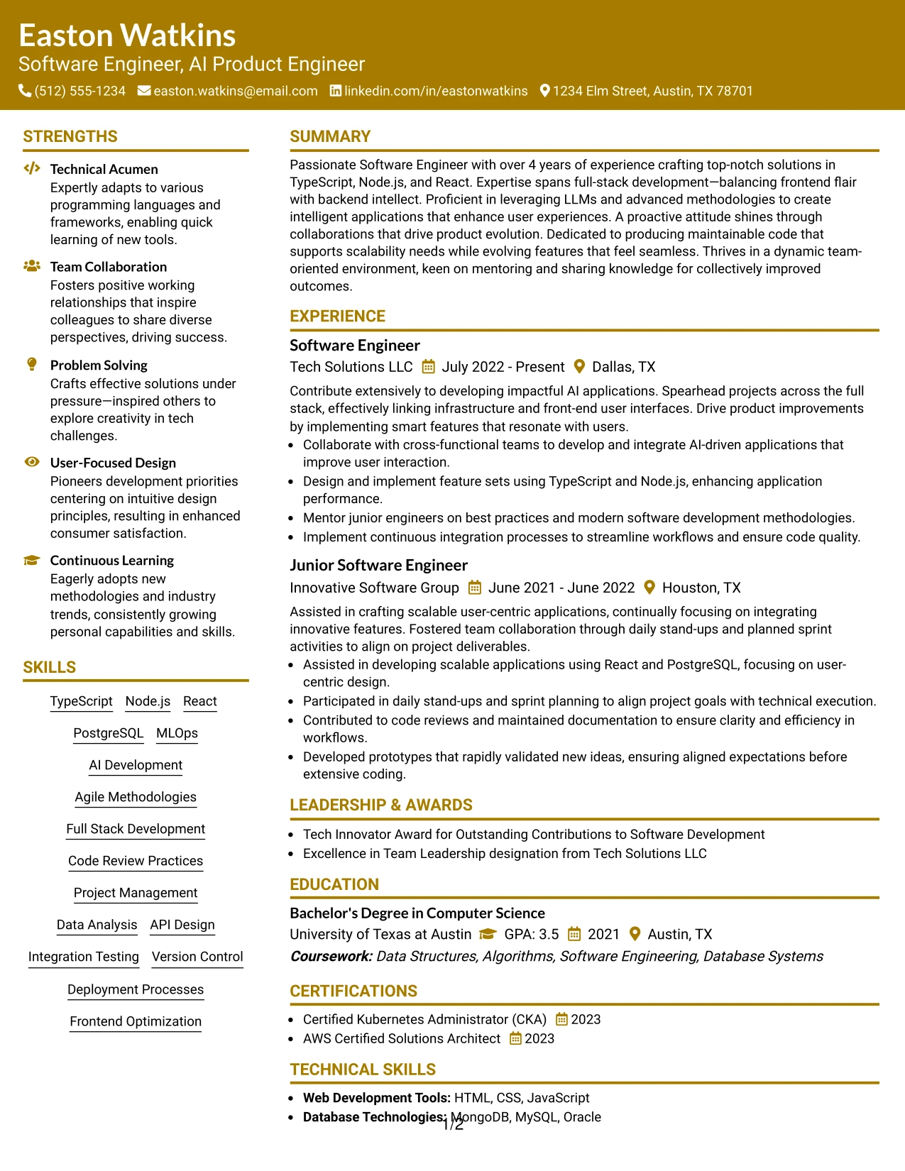 Resume Example Page 1