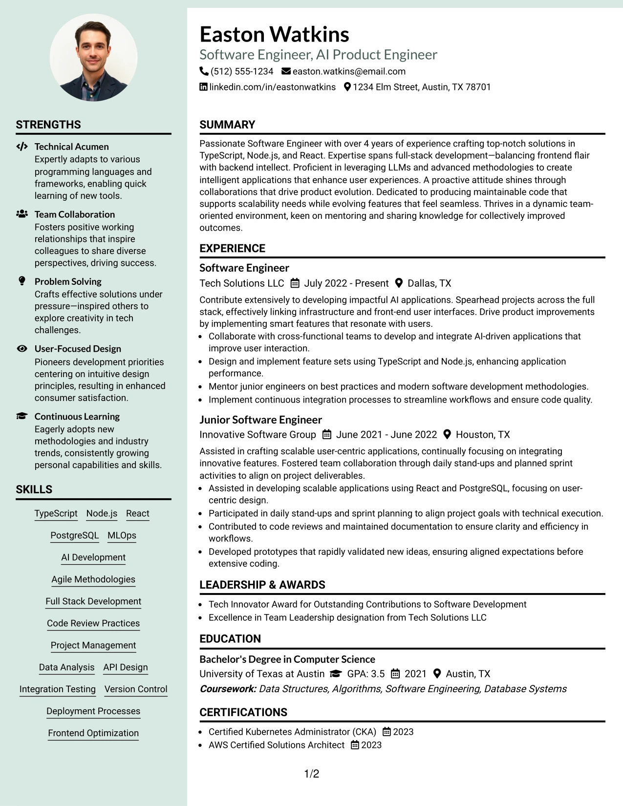 Resume Example Page 1