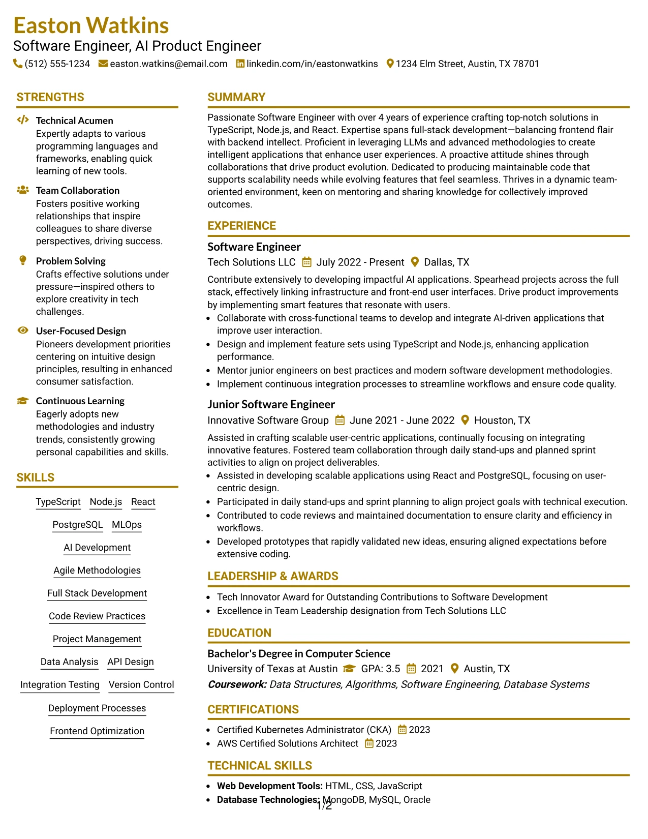 Resume Example Page 1