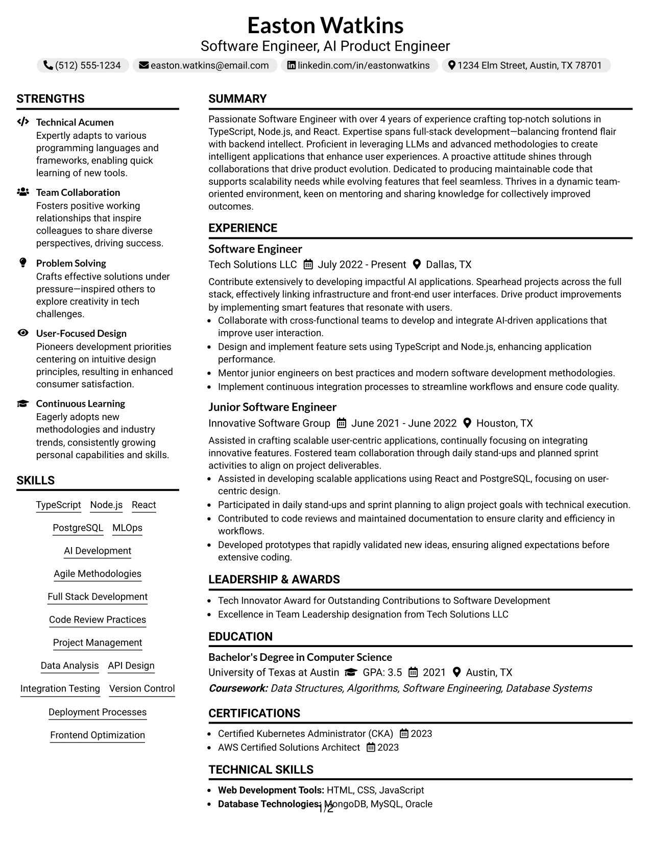 Resume Example Page 1