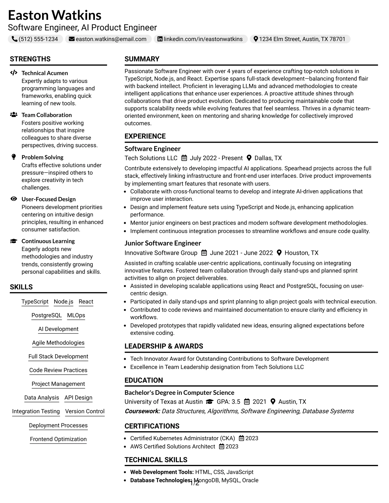 Resume Example Page 1