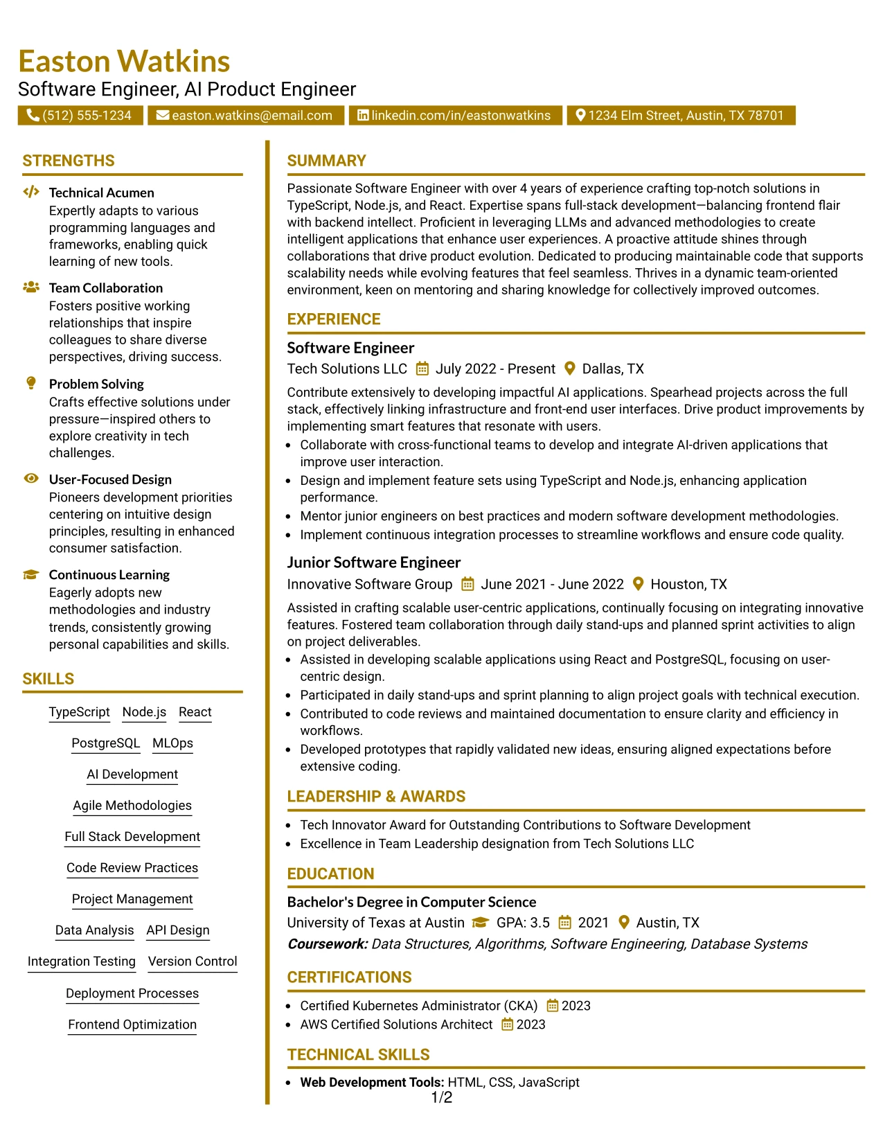Resume Example Page 1