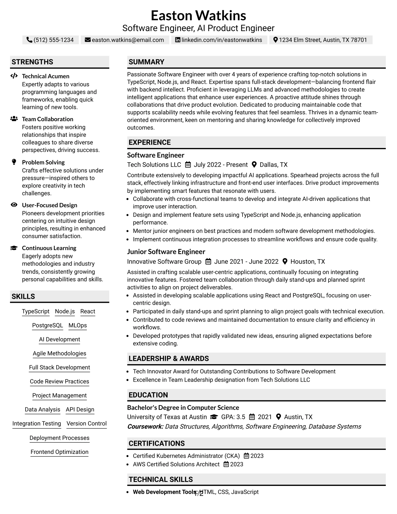 Resume Example Page 1