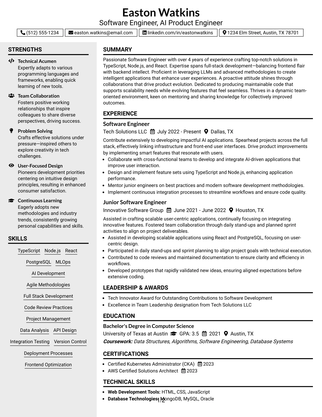 Resume Example Page 1