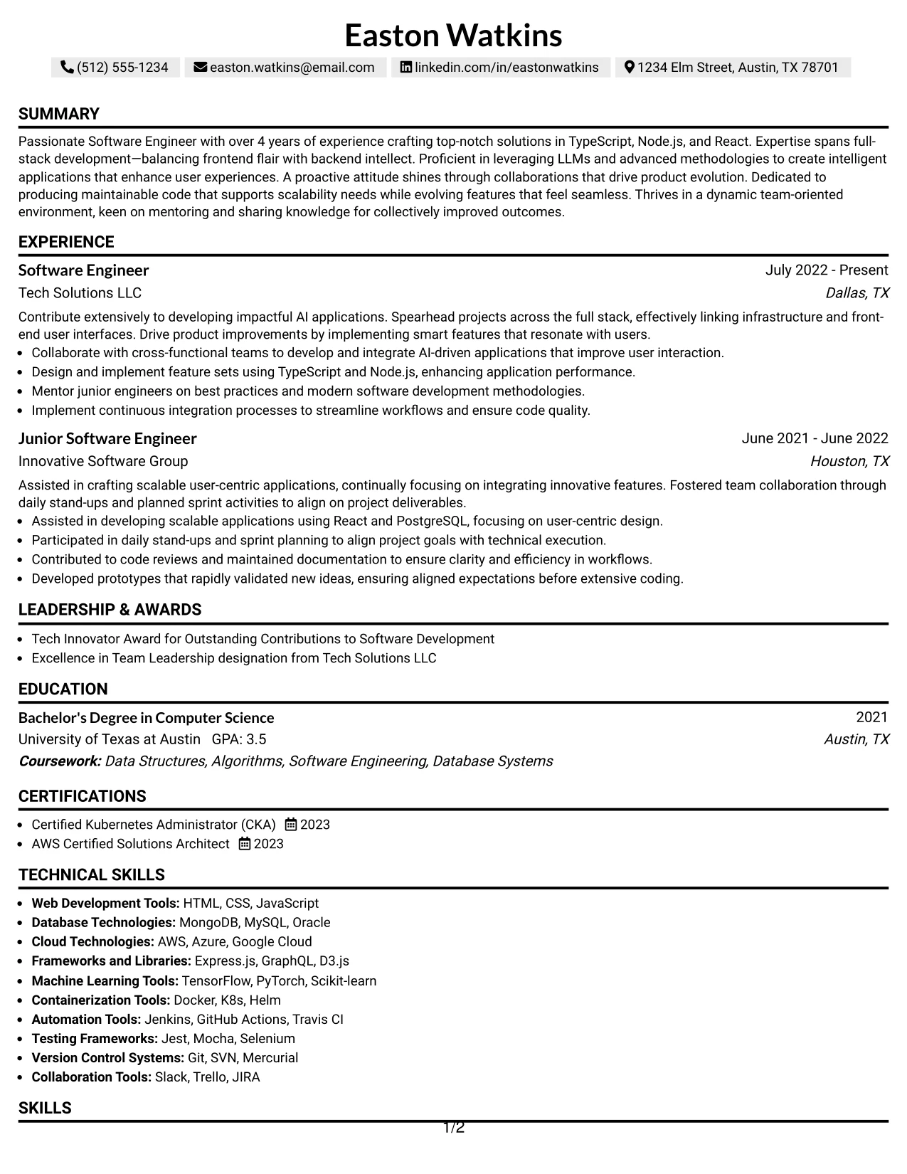 Resume Example Page 1
