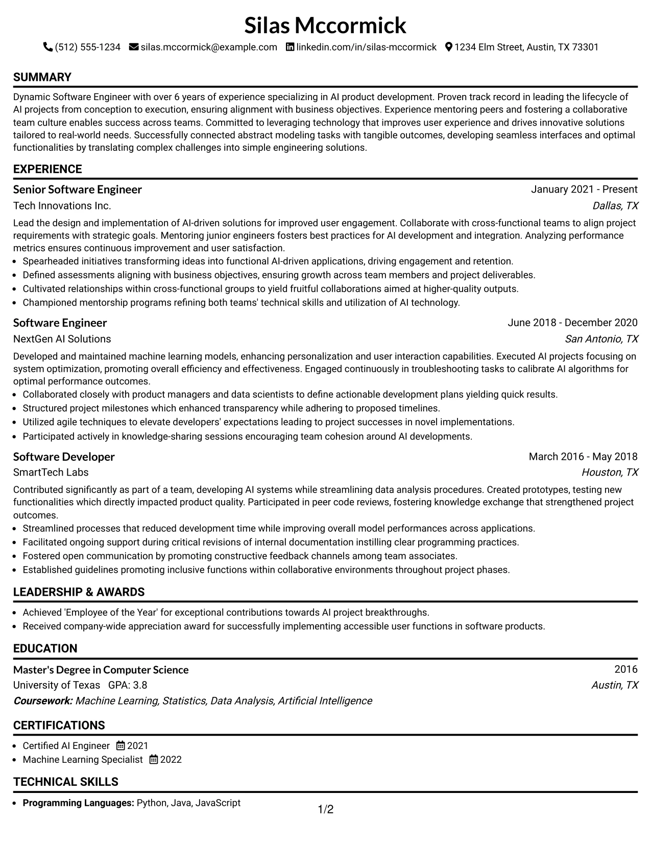 Resume Example Page 1