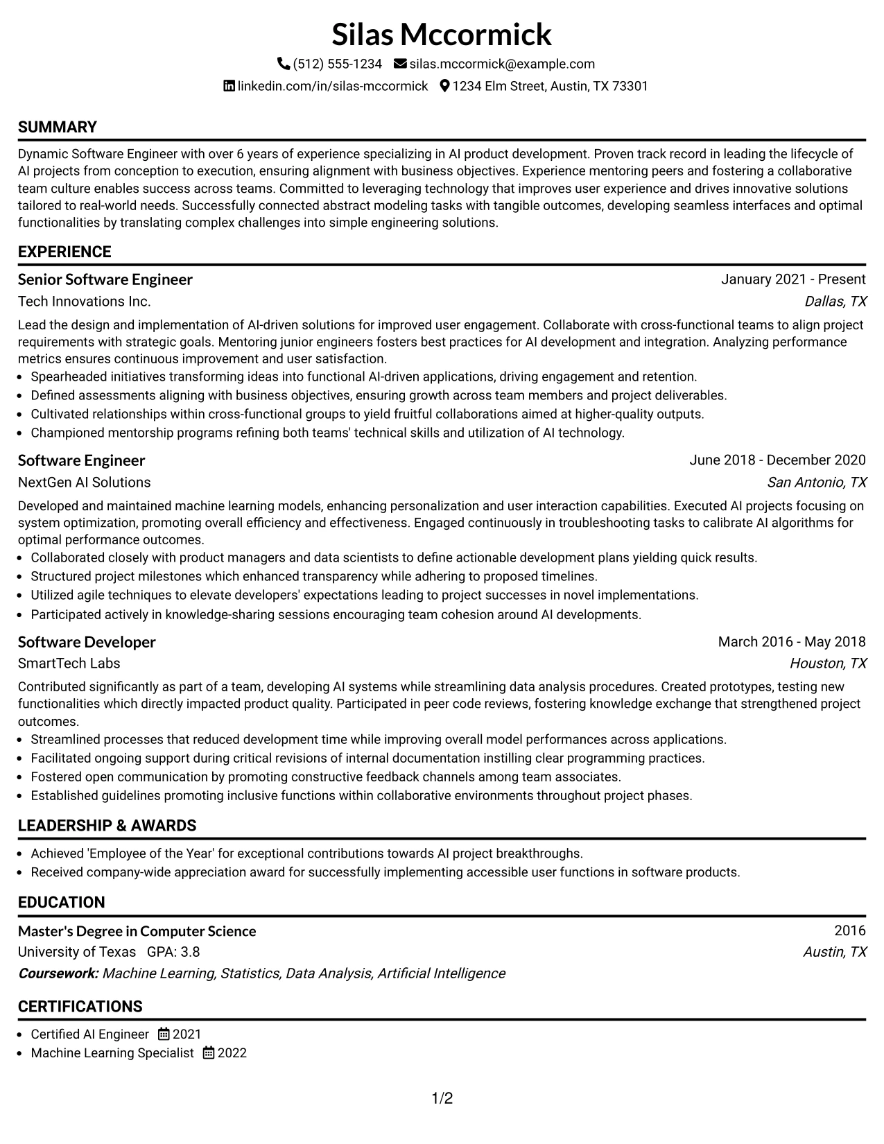Resume Example Page 1