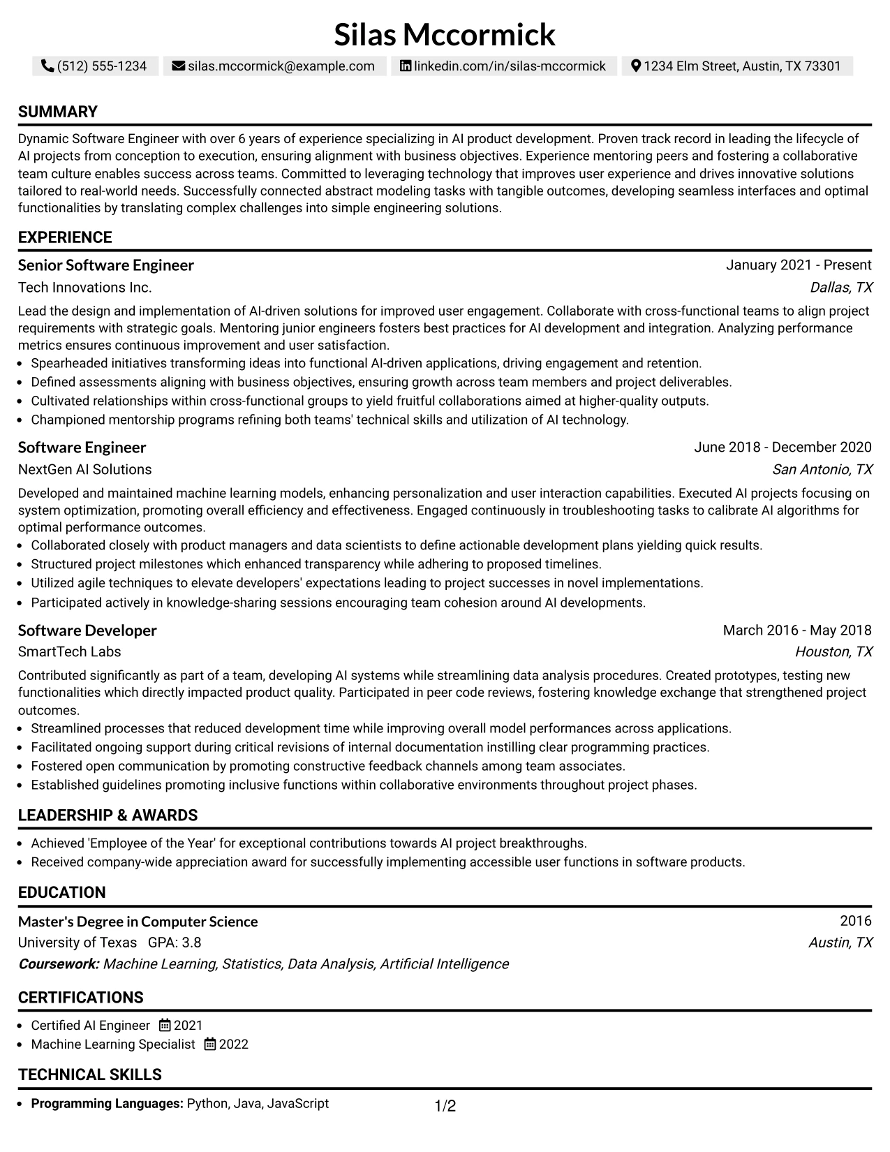 Resume Example Page 1