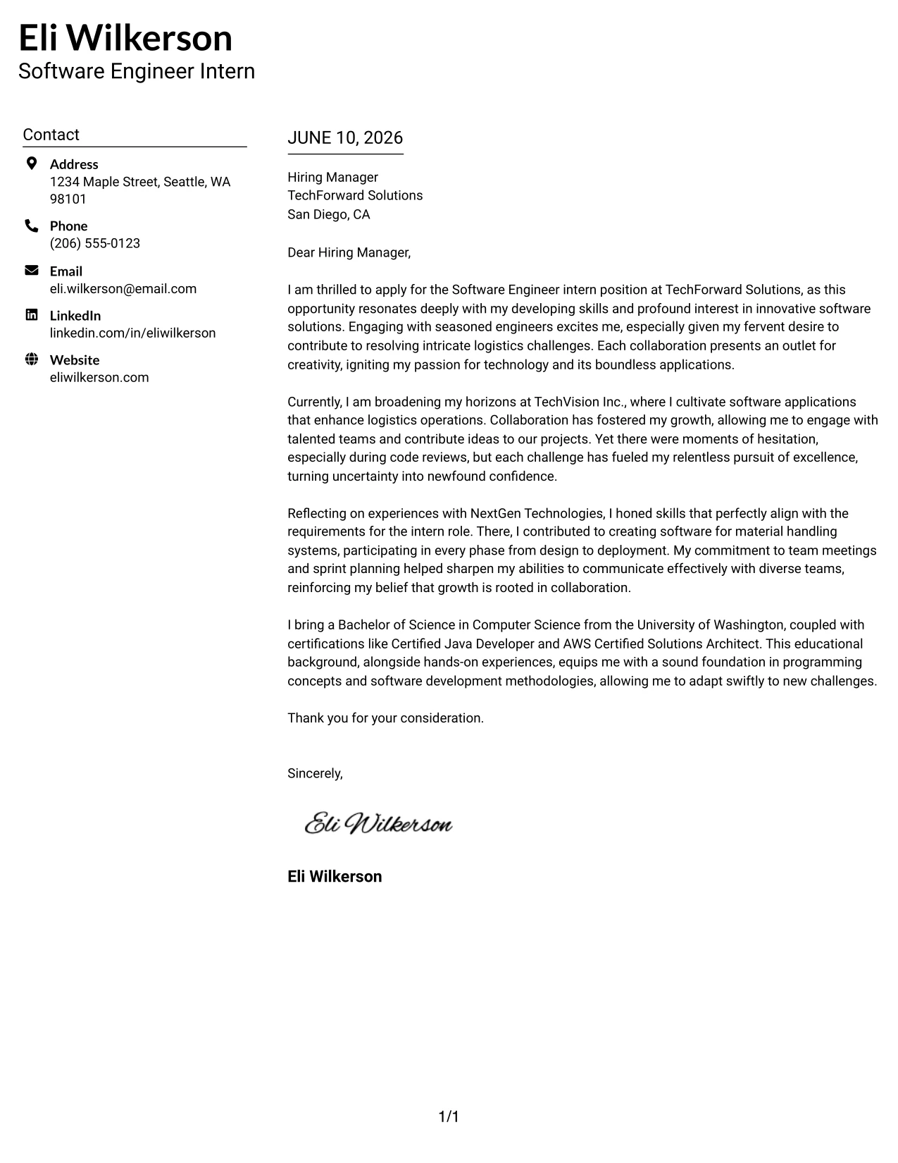 Resume Example Page 1
