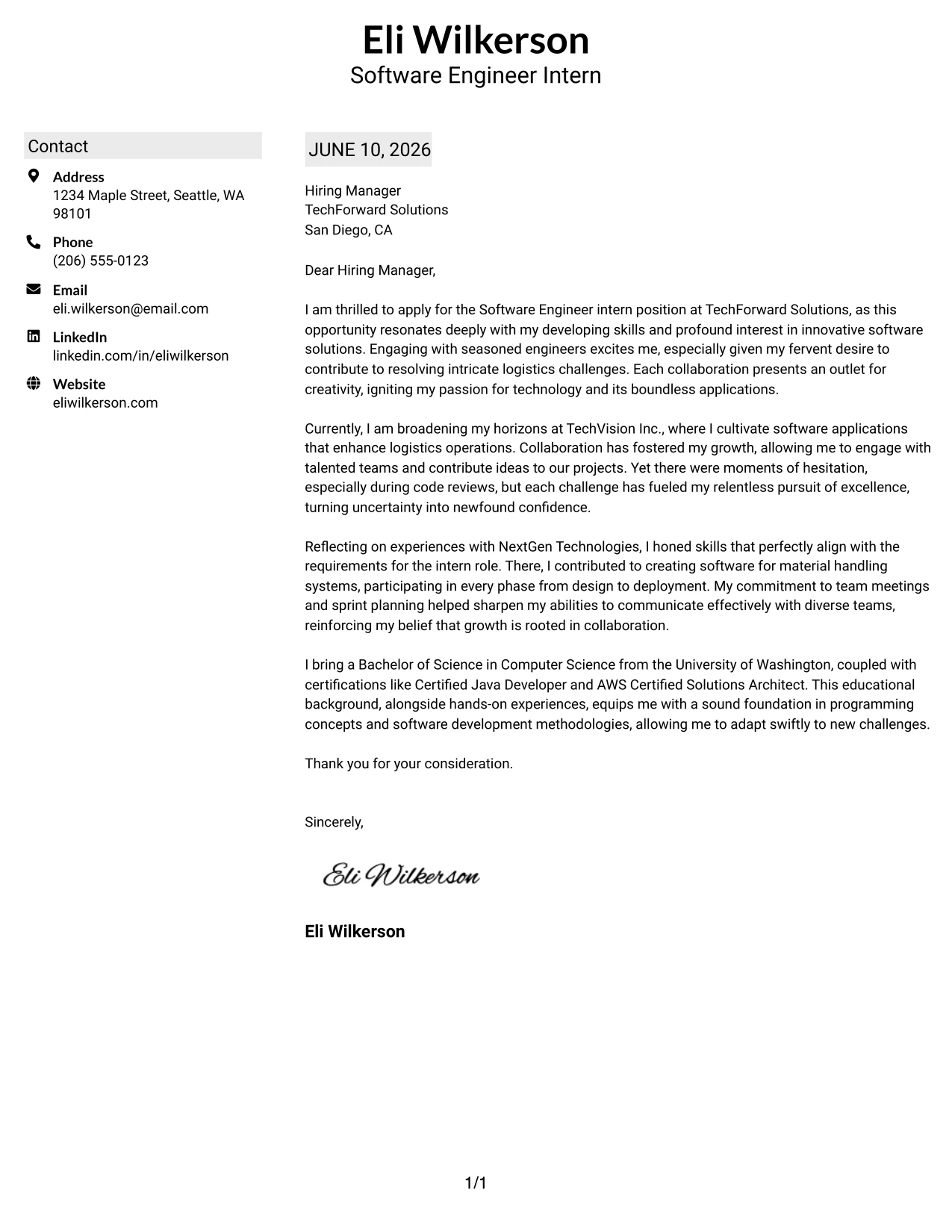 Resume Example Page 1