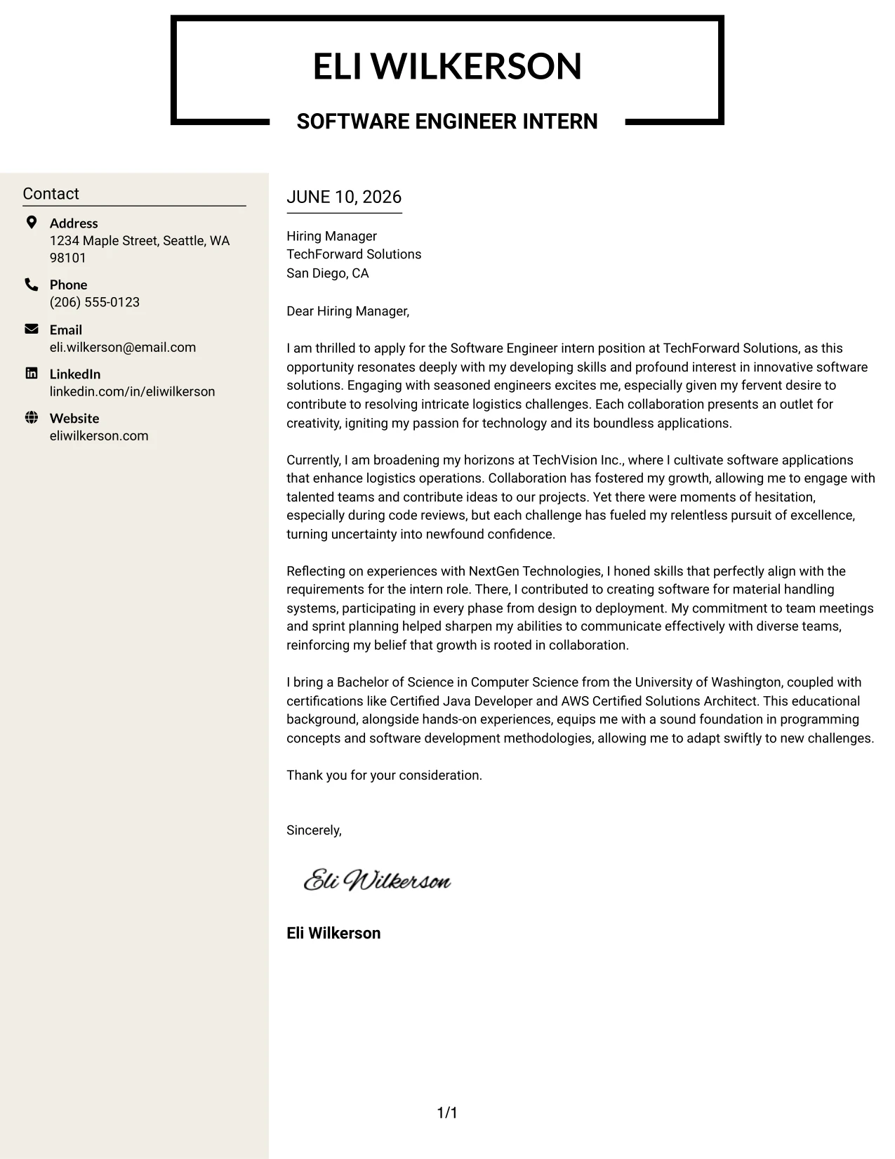 Resume Example Page 1