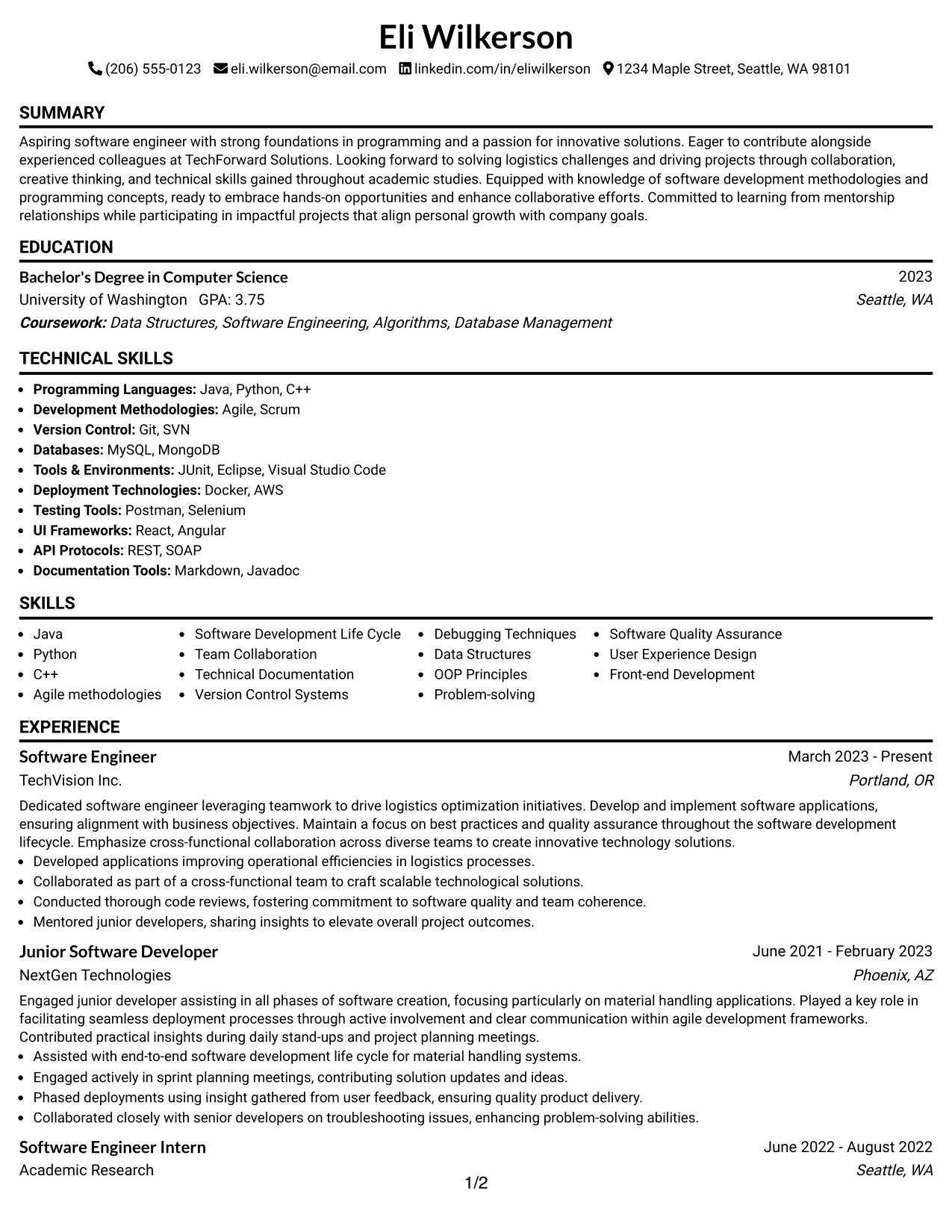 Resume Example Page 1