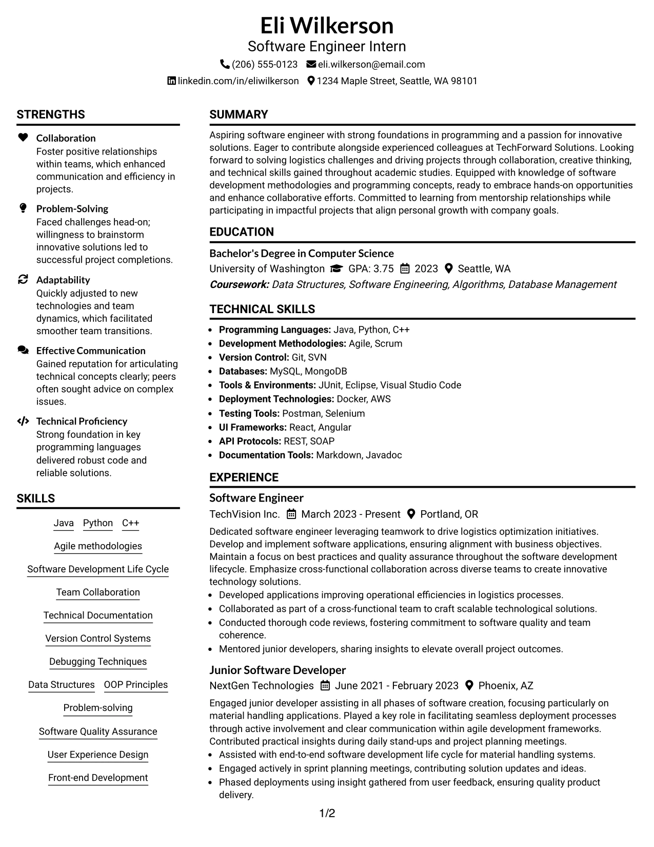 Resume Example Page 1