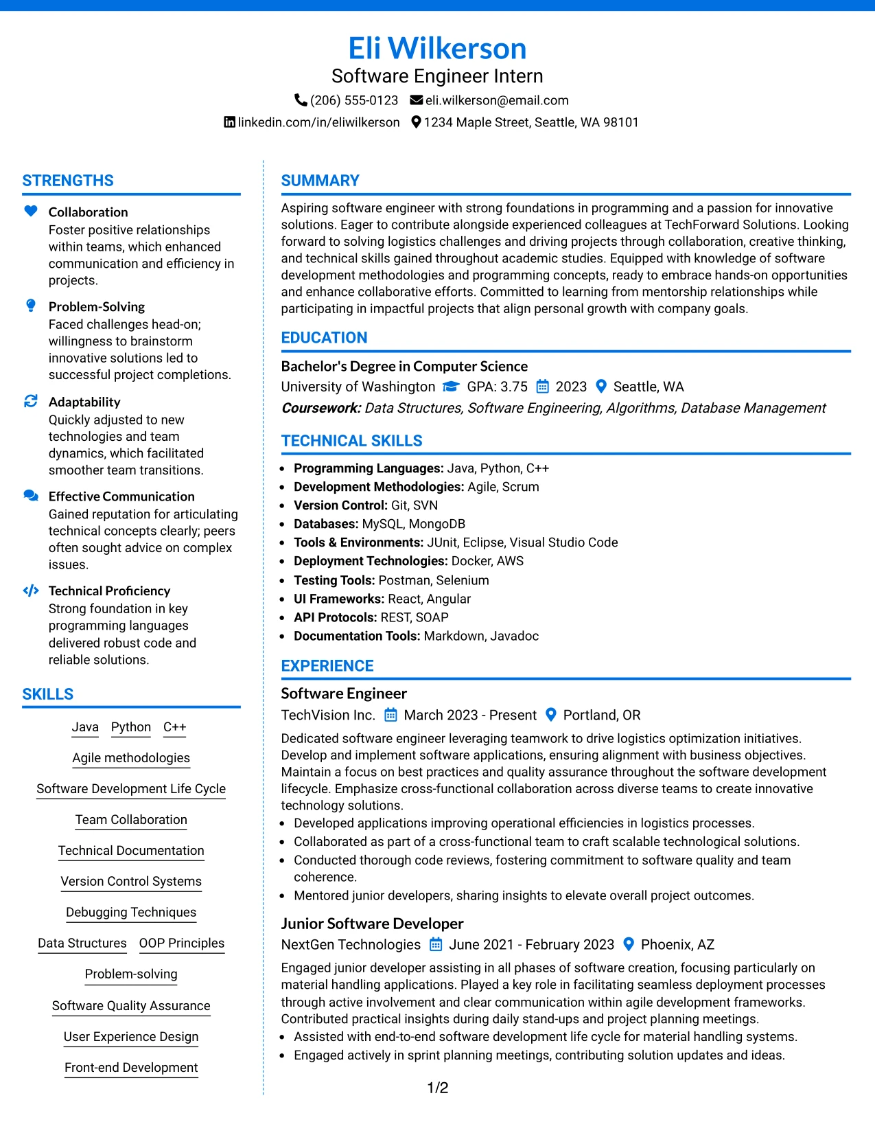 Resume Example Page 1