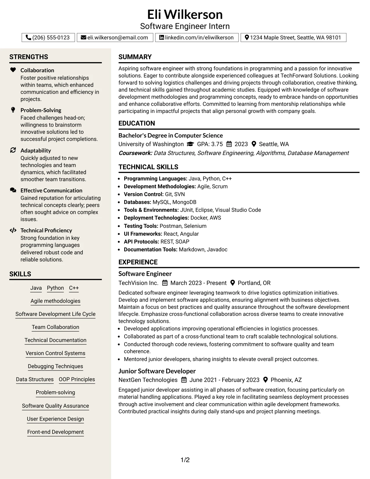 Resume Example Page 1