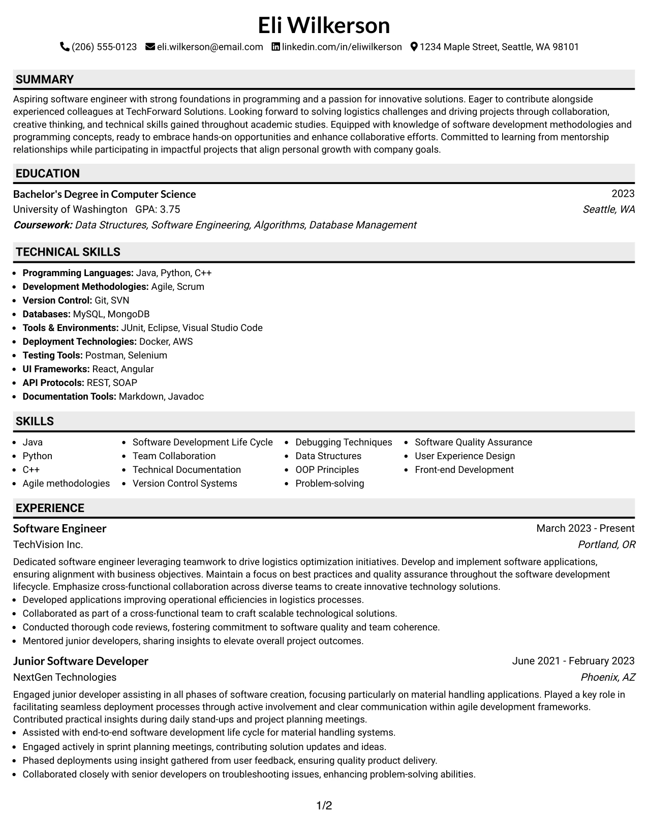 Resume Example Page 1