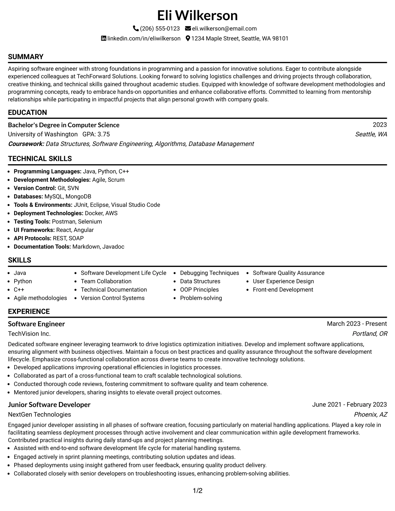 Resume Example Page 1