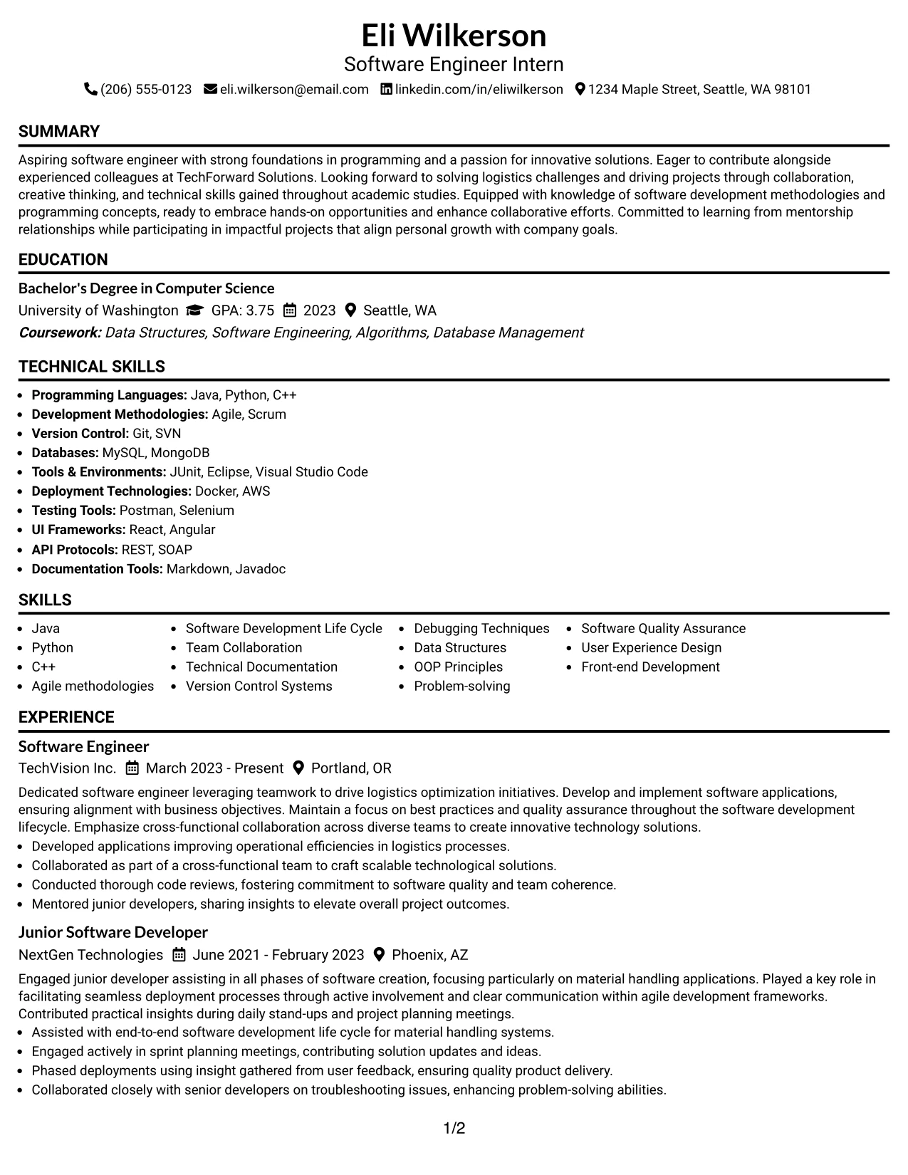 Resume Example Page 1