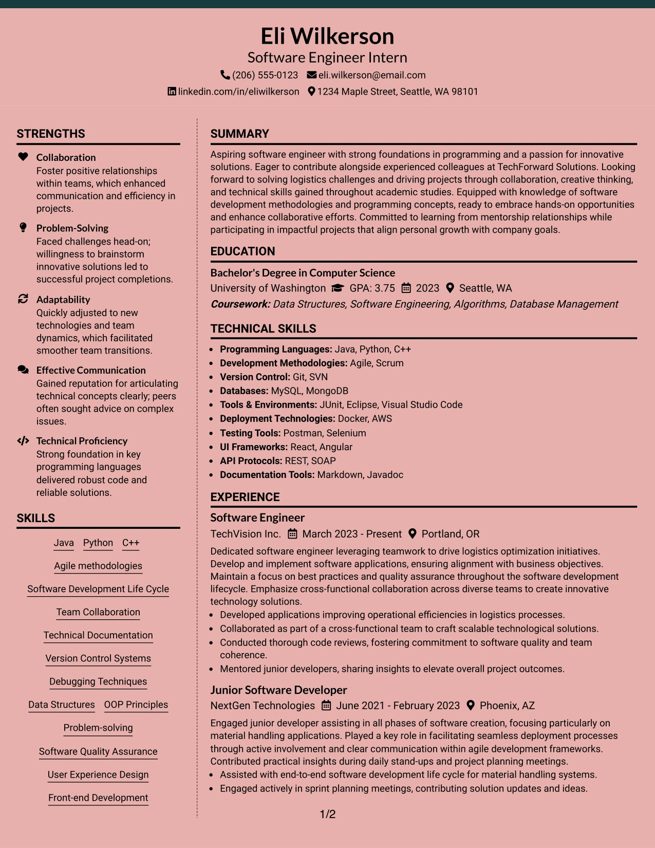 Resume Example Page 1