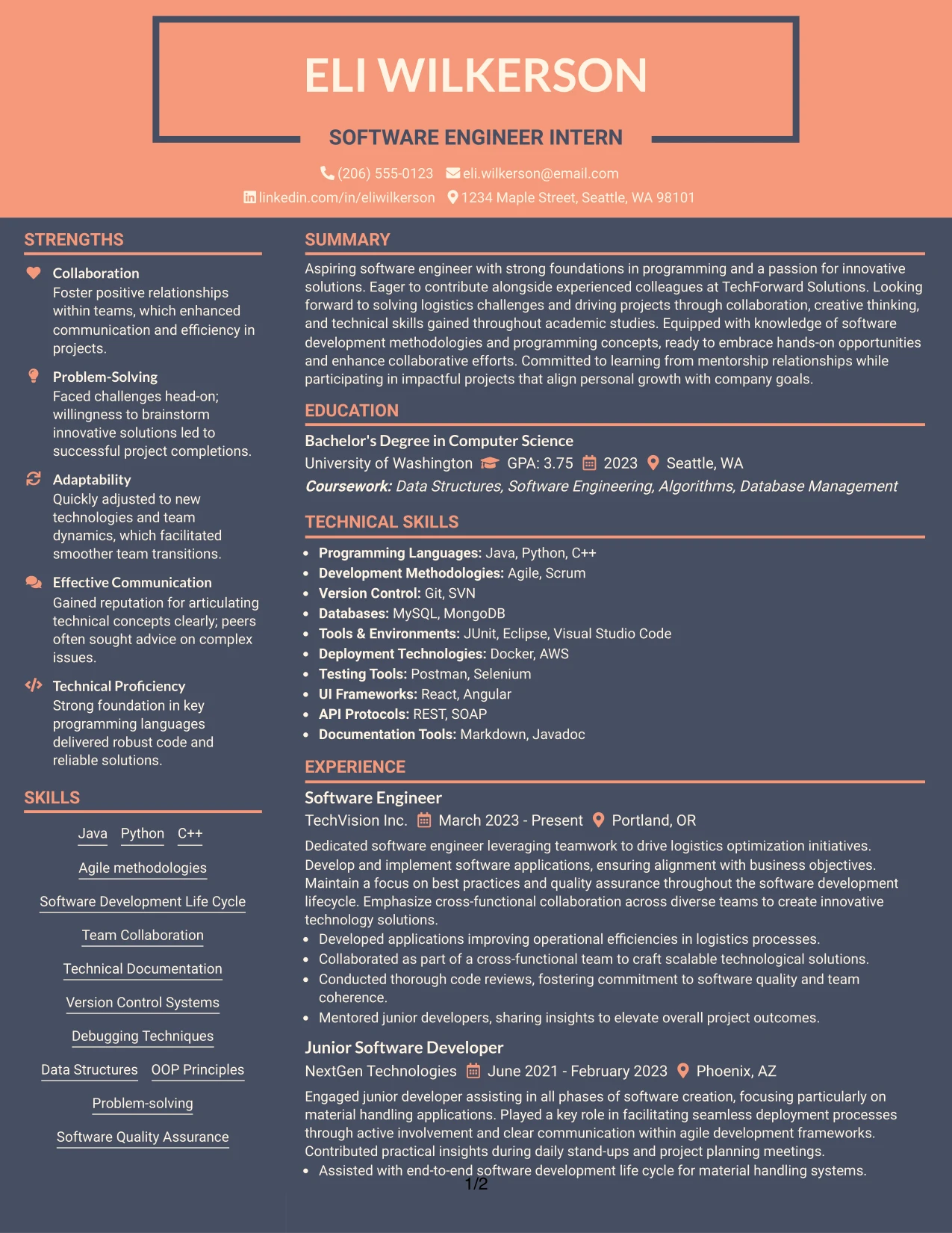 Resume Example Page 1